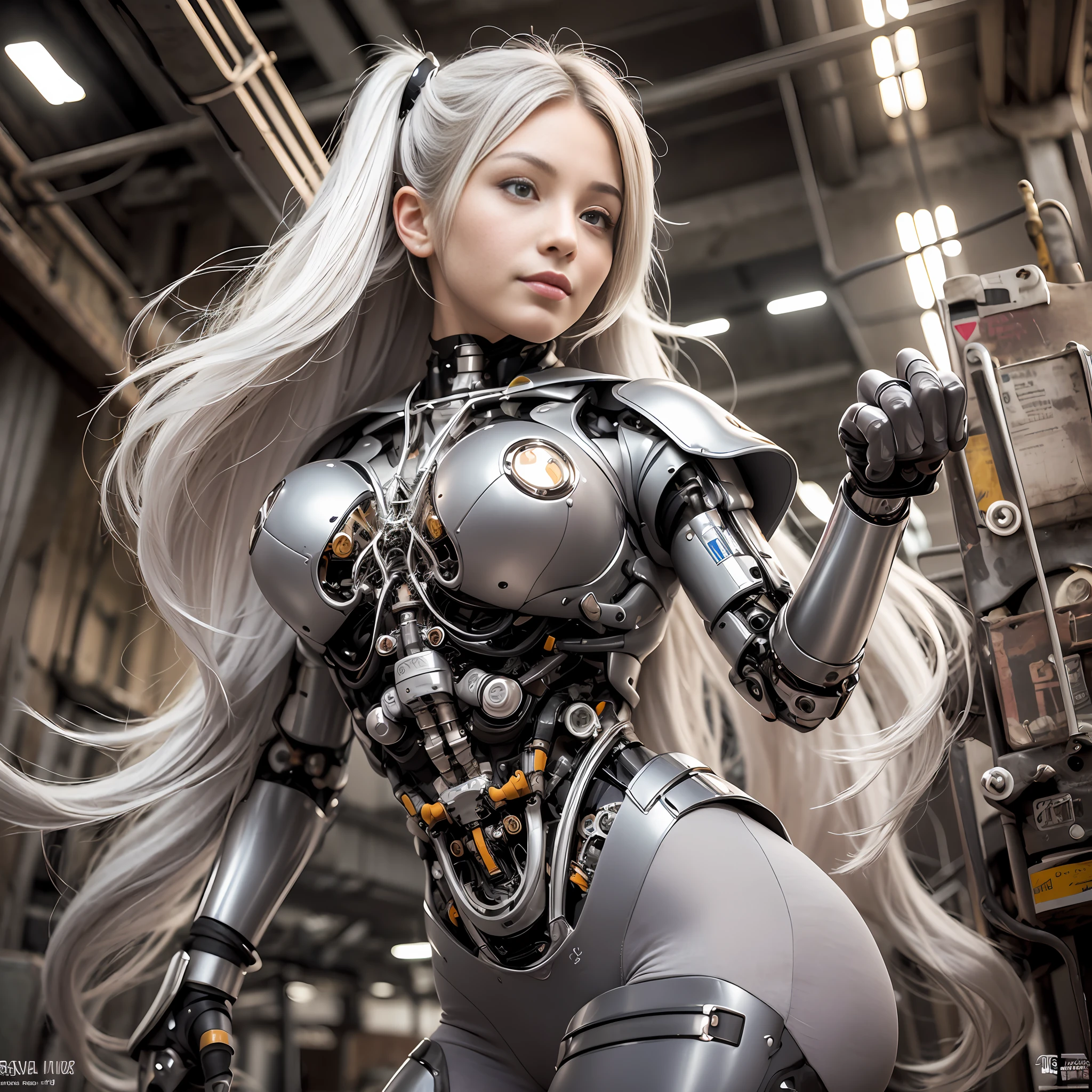 Beautiful Face,face is Japan, 1 Woman, Big, Curvaceous, (16k, RAW photo, top quality, masterpiece: 1.2), (HDR, Realistic, Photorealistic: 1.37) (tube attached to the body), (Bikini Cyborg robot parts)))), (light gray hair), Long hair, Wavy hair, Twin tails, Medium shot, ( Seductive smile)), (black eyes), double eyelids, princess cut, from below, (whole body),posing,,in the lab,( tube connected to blood vessel),((mechanical vertebrae attached to the back)),((mechanical neck attached to the neck)),(wire and cable attached to head and body),(character focus),science fiction,perfect female figure,perfect anatomy, hyperanatomy, full body shot, relationship between up to 4 fingers and 1 thumb, spherical joint,