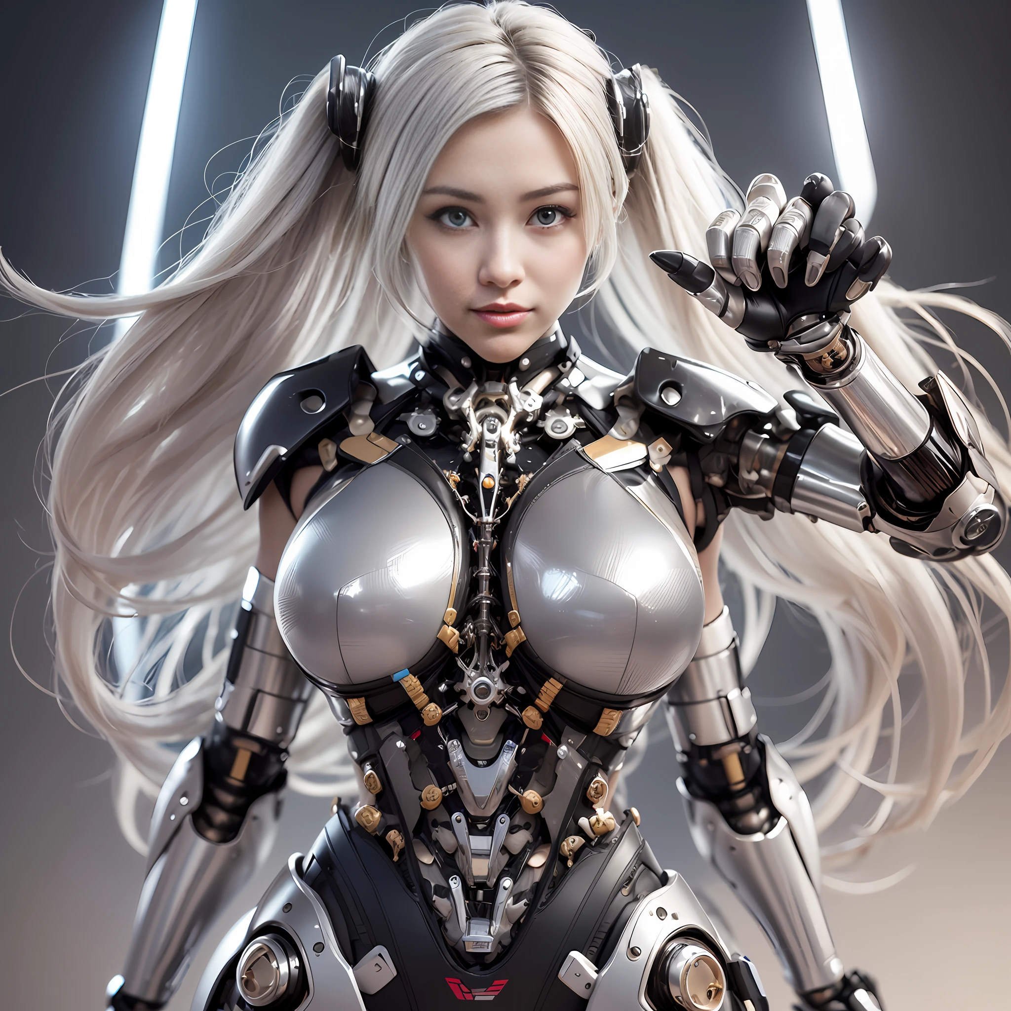 Beautiful Face,face is Japan, 1 Woman, Big, Curvaceous, (16k, RAW photo, top quality, masterpiece: 1.2), (HDR, Realistic, Photorealistic: 1.37) (tube attached to the body), (Bikini Cyborg robot parts)))), (light gray hair), Long hair, Wavy hair, Twin tails, Medium shot, ( Seductive smile)), (black eyes), double eyelids, princess cut, from below, (whole body),posing,,in the lab,( tube connected to blood vessel),((mechanical vertebrae attached to the back)),((mechanical neck attached to the neck)),(wire and cable attached to head and body),(character focus),science fiction,perfect female figure,perfect anatomy, hyperanatomy, full body shot, relationship between up to 4 fingers and 1 thumb, spherical joint,