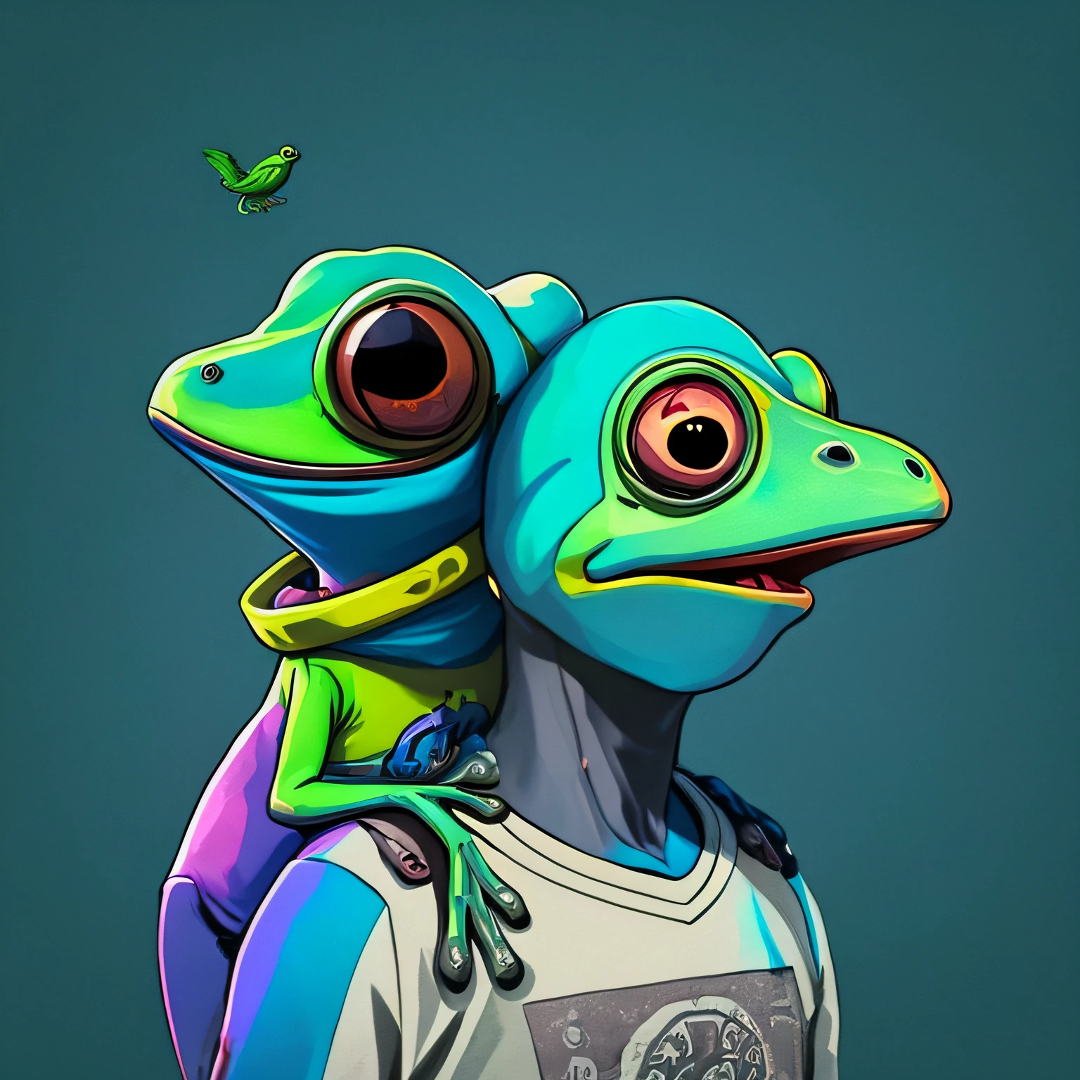 cartoon frog with a bird on his shoulder, cyberpunk frog, sci-fi lizard alien, portrait of pepe the frog, friendly guy and small creature, lizard person, nostalgia guy and small creature, 2 d illustration, 2D illustration, reptilian space alien, psychedelic frog, low detailed. Digital painting, alien frog, ancient neon monster portrait, 2d digital illustration
