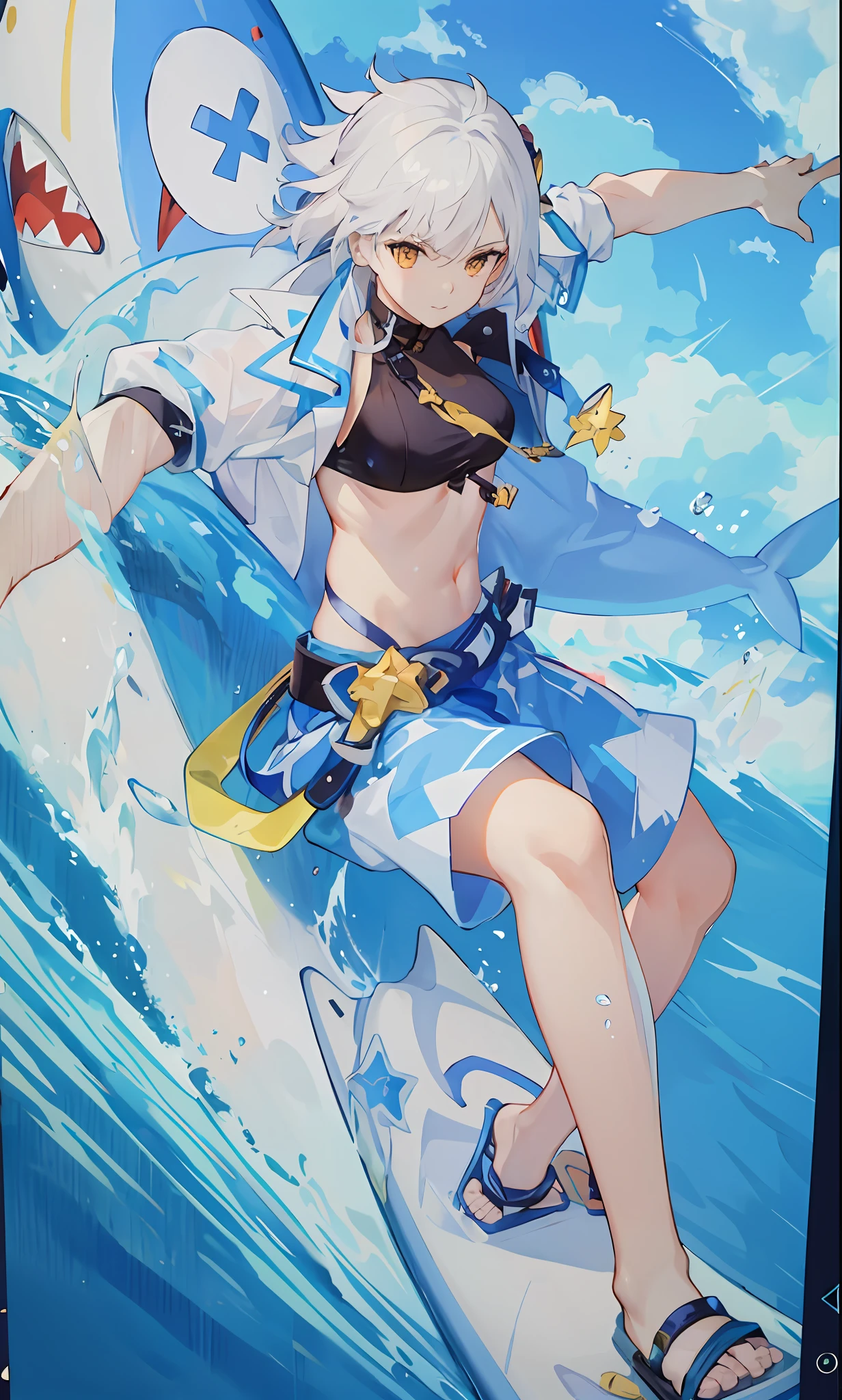 anime character on a surfboard in the water with a shark, 《genshinimpact》in the clear, come from《azur lane》video game, genshin impact character, genshin impact style, azur lane style, 《azur lane》role, Guilty Gear strives to splash art, Ayaka Genshin impact, 《Ghost Wind Special Assault Team》The art of pixels, from girls frontline