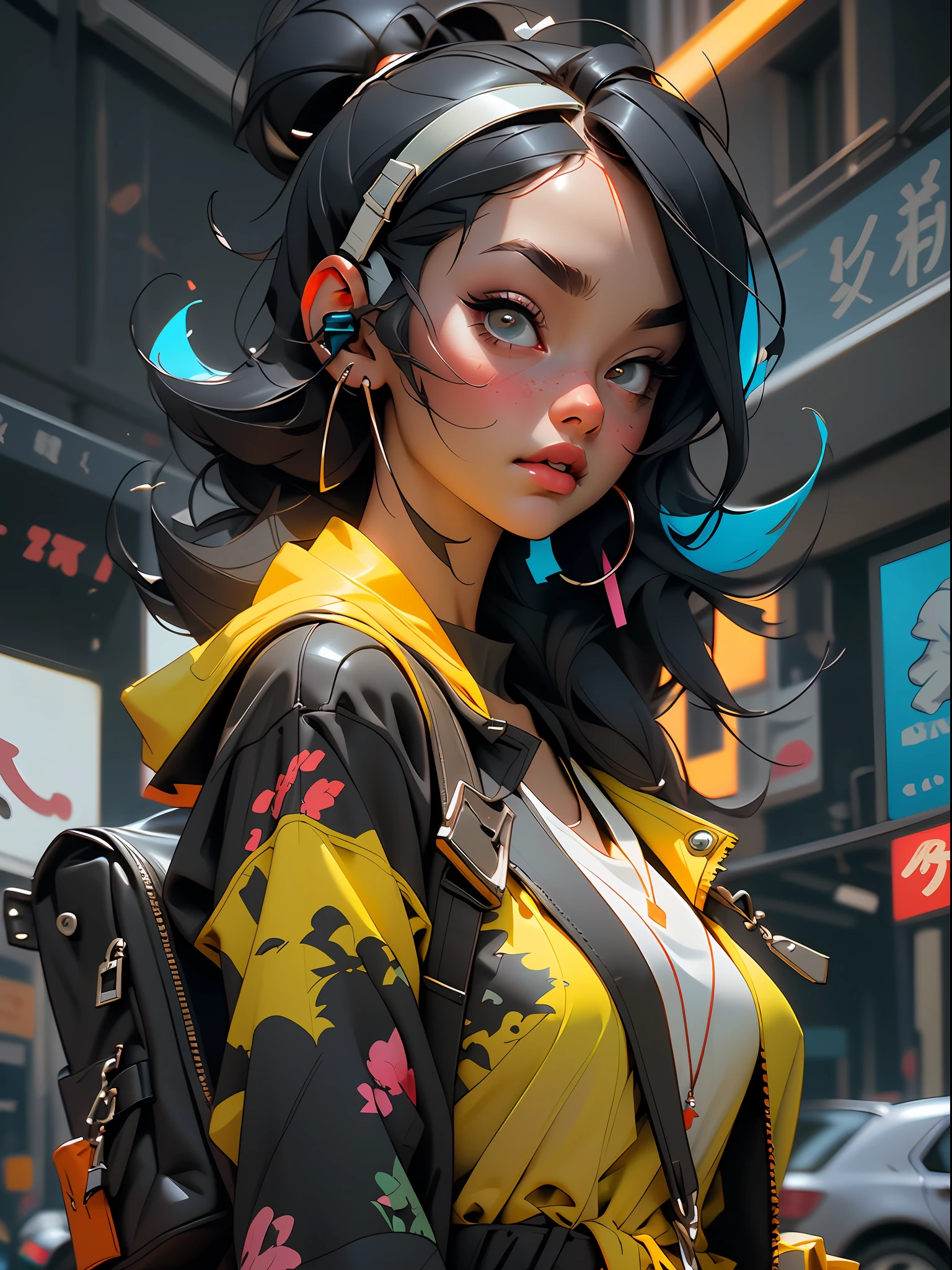 （（best qulity）），（（master-piece）），（（realistically））and hyper-detail photography of a book girl with gothic and neon colors。She has（（Dark blue hair）），Sports Girl，Carrying a yellow backpack，Wear headphones around your neck，Wear a tech-savvy jacket，Exudes an atmosphere（（Beautiful and beautiful）），erogenous，under-boobs，erogenous