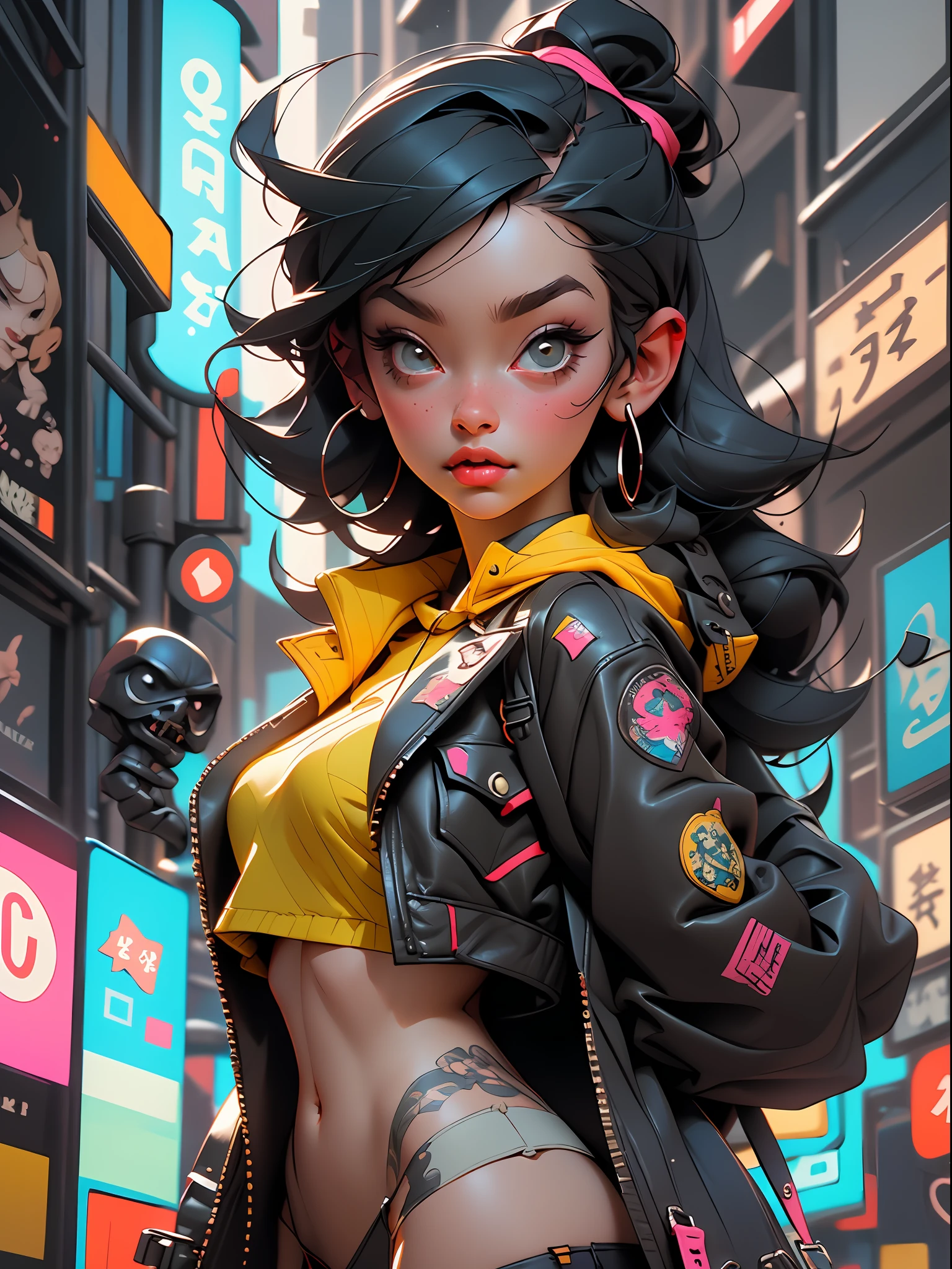 （（best qulity）），（（master-piece）），（（realistically））and hyper-detail photography of a book girl with gothic and neon colors。She has（（Dark blue hair）），Sports Girl，Carrying a yellow backpack，Wear headphones around your neck，Wear a tech-savvy jacket，Exudes an atmosphere（（Beautiful and beautiful）），erogenous，under-boobs，erogenous