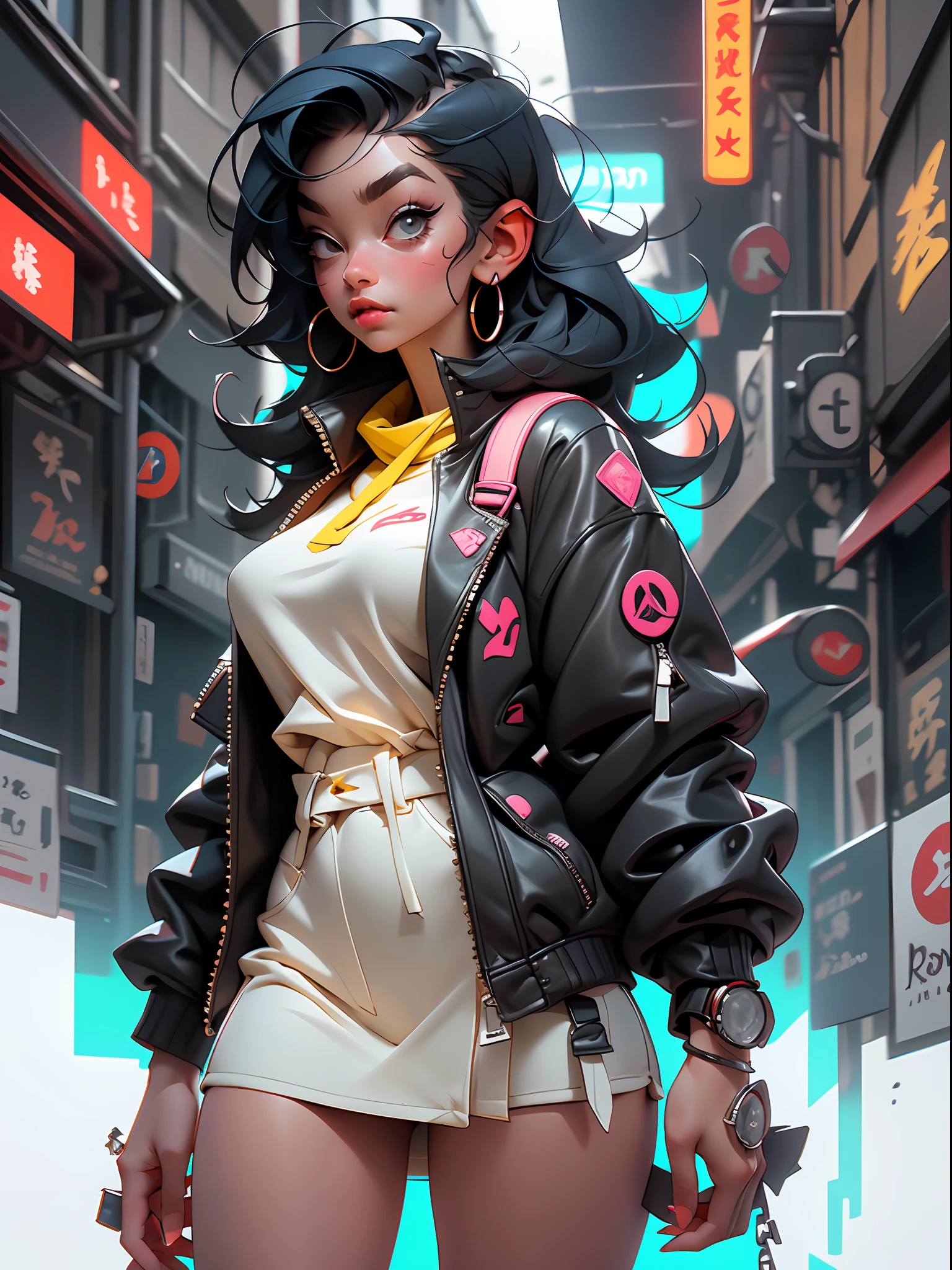 （（best qulity）），（（master-piece）），（（realistically））and hyper-detail photography of a book girl with gothic and neon colors。She has（（Dark blue hair）），Sports Girl，Carrying a yellow backpack，Wear headphones around your neck，Wear a tech-savvy jacket，Exudes an atmosphere（（Beautiful and beautiful）），erogenous，under-boobs，erogenous