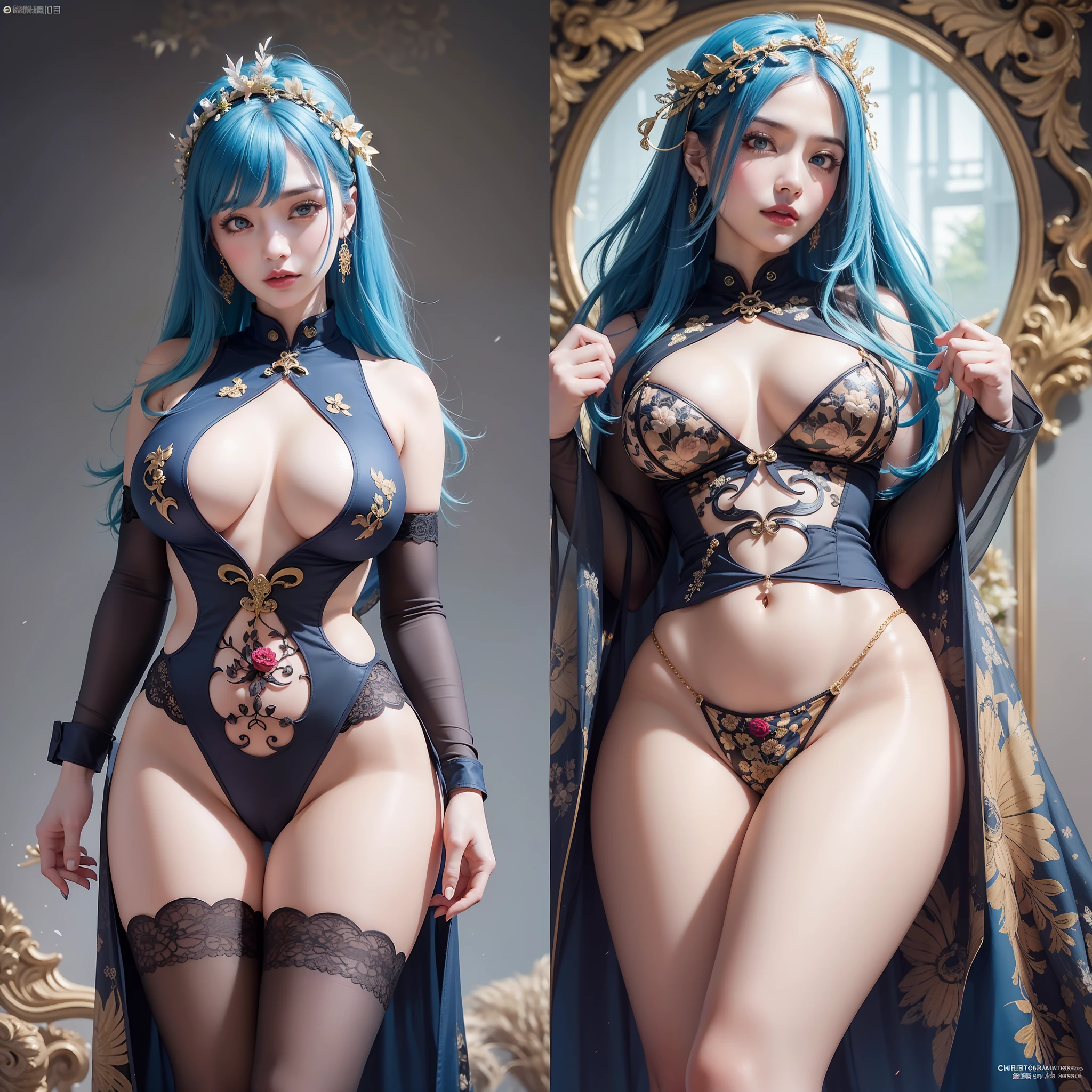 (master-piece:1.4,best qulity), (Full body photo),(Intricate details), Unity 8k wallpaper, hyper detailed, Beautiful and beautiful, perfect litthing, (1girls), (Blue hair, Blue Eye,), dynamicpose, dynamicangle, lipstick, slim, Slim body,(Chinese cheongsam:1.2),(Huge breasts:1.5),(Raised , detailedbackground, lifelike, 独奏, Perfect detailed face, Detailed eyes, highly detailed, Blushlush, hairornaments, rolling_eyes