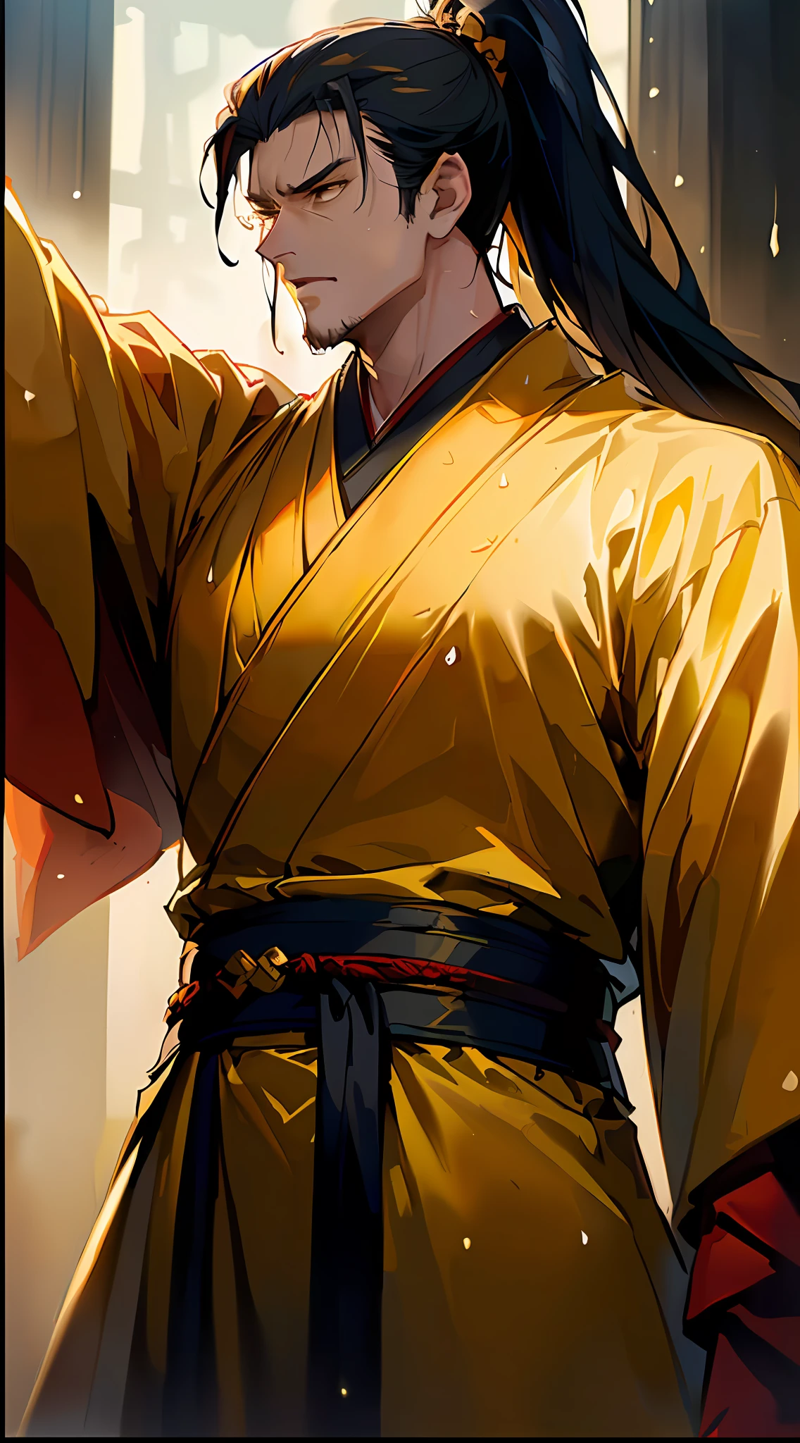 anime character with long hair and yellow robe holding a red umbrella, flowing hair and long robes, handsome guy in demon slayer art, Inspired by Cao Zhibai, inspired by Wu Daozi, yellow robes, striking detailed artstyle, inspired by Yang Jin, rob rey and kentarõ miura style, artgerm and atey ghailan