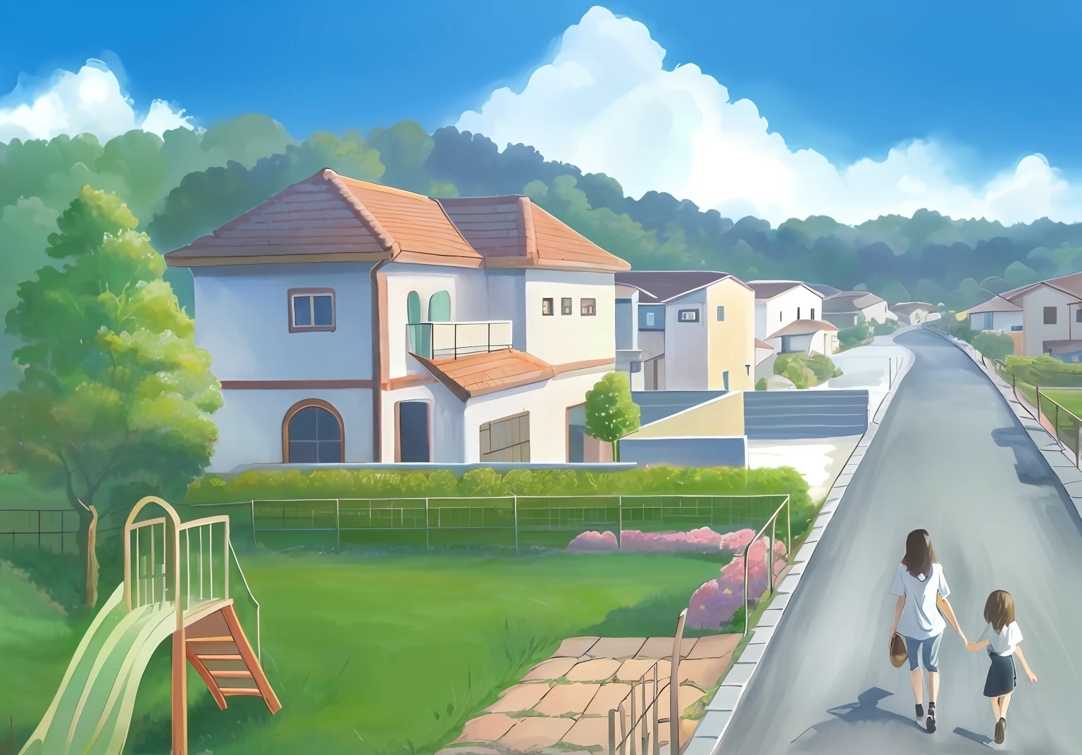 there is a painting of a woman and a walking down a street, Residential area, anime countryside landscape, peaceful suburban scene, anime background art, walking through a suburb, anime landscape, countryside city scene, in a suburb, anime landscape, made with anime painter studio, some houses in the background, japanese neighborhood, painted in anime painter studio、there is a painting of a woman and a child walking down a street, Residential area, anime countryside landscape, peaceful suburban scene, anime background art, walking through a suburb, anime landscape, countryside city scene, in a suburb, anime landscape, made with anime painter studio, some houses in the background, japanese neighborhood, painted in anime painter studio、art that was drawn by a pro artist、award winning anime that is visually stunning、The best and highest quality art in anime style、Entrance clouds in the sky、no mistakes in the artwork, the artwork is a masterpiece with no flaws, is the best and highest quality art in the anime style, the most beautiful anime style art ever seen, award winning anime that is visually stunning, the art has the best transition between two shapes of colors, depth, Have a family、a park、art that was drawn by a pro artist