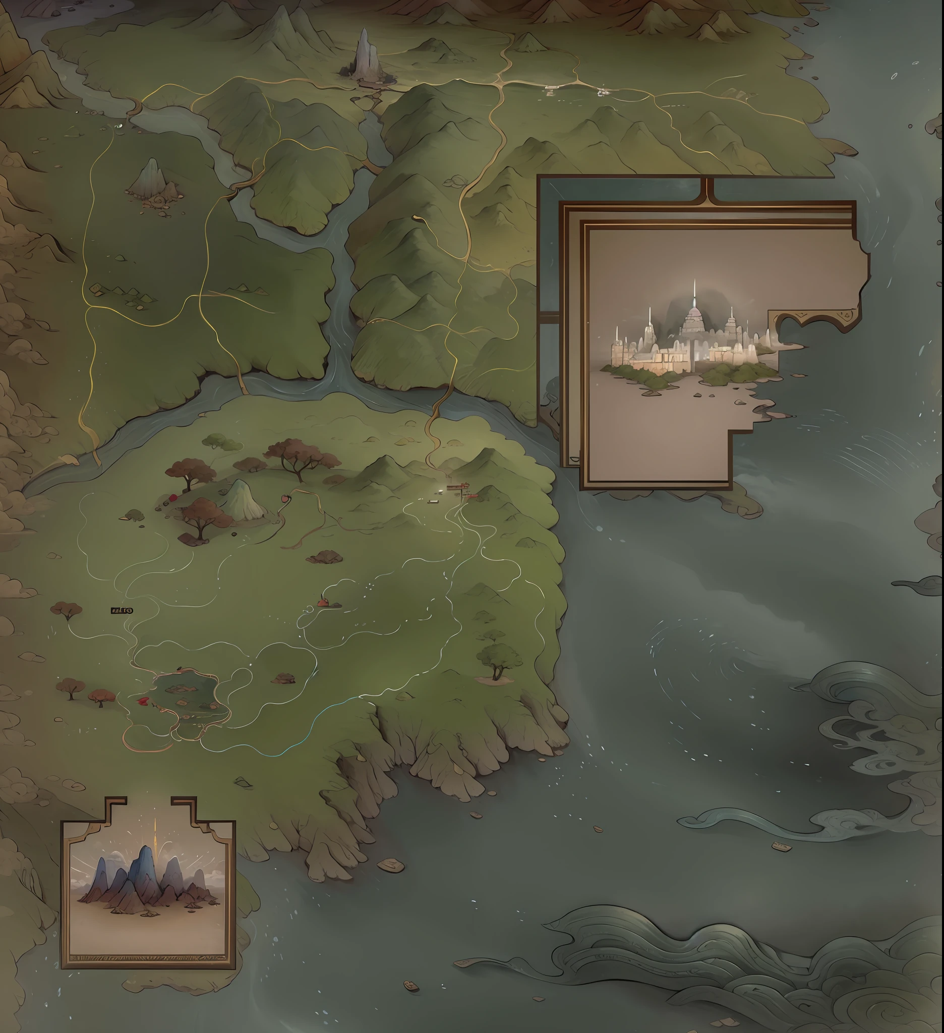 (map), a map of rpg game, detailed, mountains, rivers, auspicious clouds, masterpieces, holding, super detail, epic composition, ultra HD, high quality, extremely detailed, official art, unified 8k wallpaper, Super detail, 32k -- v 6, no sunshine