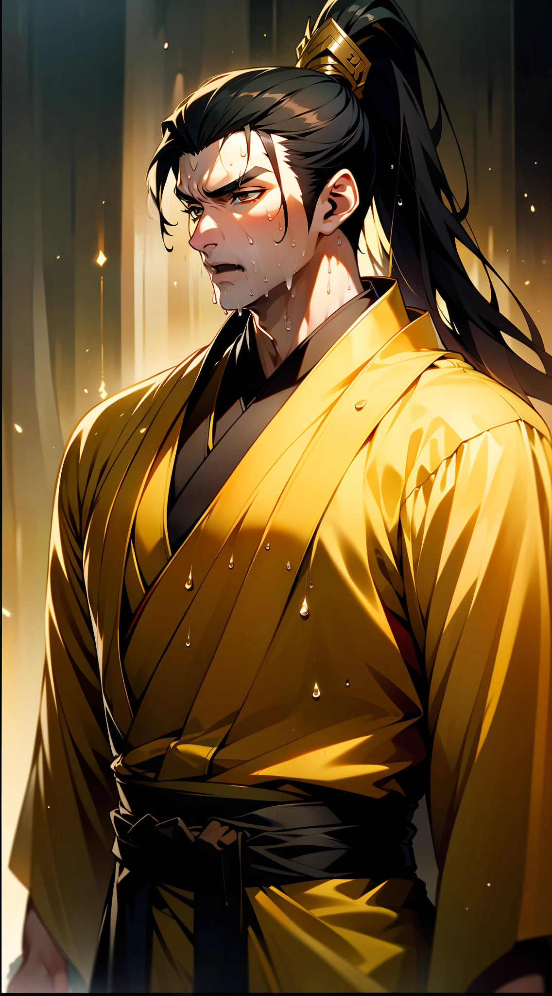 Two-dimensional, anime style, man (male warrior), muscle, correct proportions, face details, martial arts, high ponytail hairstyle, sweating, sweaty face, drooling, neck details, with Adam's apple, wet, wet, Hanfu costume, long robe, embroidered robe, dragon robe, clothing details, collar, long sleeves, game quality, swordsman demeanor, light and shadow tracing, ray tracing, detail glow, CG rendering, hair details, long black hair, golden eyes, sweaty face, handsome, handsome, sweat beads slipping down the neck, (juvenile feeling), complex clothing, wet, wet, perfect composition, refinement, high quality, more details, a lot of details, complex background, atmosphere,