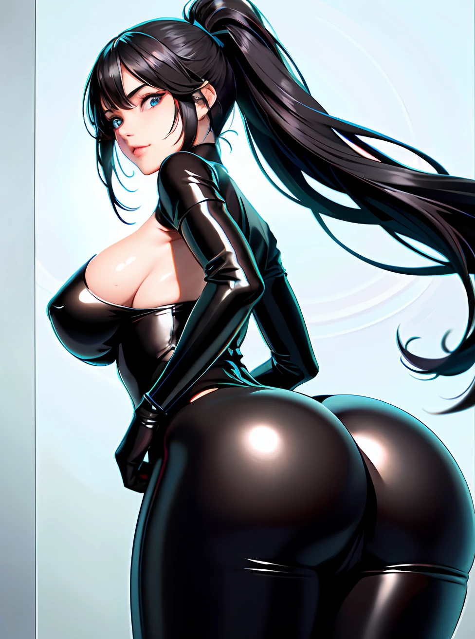 cabelos pretos, cabelos muito longos, rabo-de-cavalo, corar, sorriso leve, olhos azuis , pinta no peito, Latex bodysuit, quadris largos, bunda enorme, medium breasts, squatting, dominatrix, Femdom, BDSM, female mature, 1Menina, , Masterpiece, melhor qualidade, (alto), Absurdo, 4k, 8k, 16k, beautiful face, corpo bonito, symmetrical face, lindo, olhos profundos, Sombreamento realista, atordoante, intrincado, hiper-detalhado, altamente detalhado, Sharp, liso, Crisp Focus, Realistic, anime, manga, ((olhos anelados)),