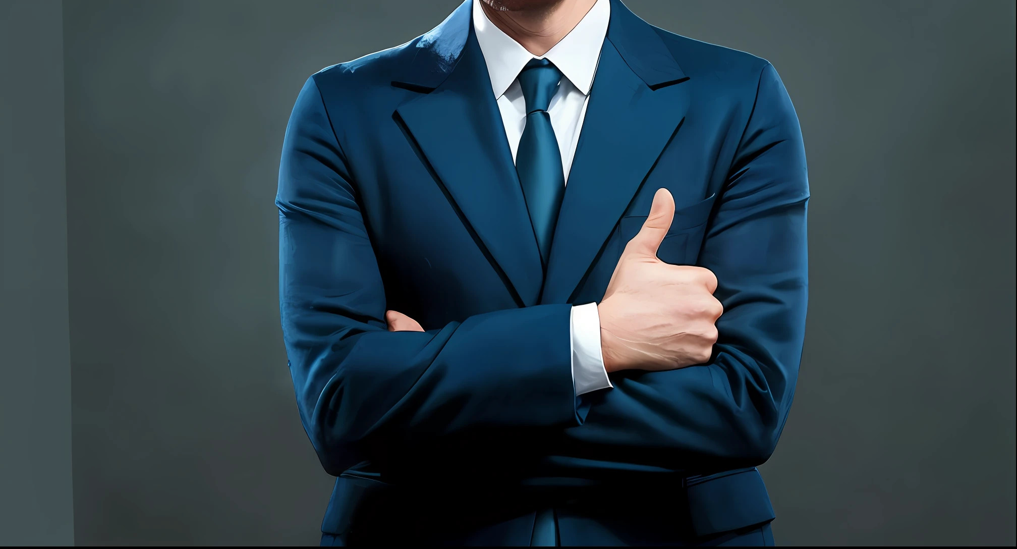 there is a man in a suit and tie giving a thumbs up, high-detaild, modern, Textured skin，Blue suit