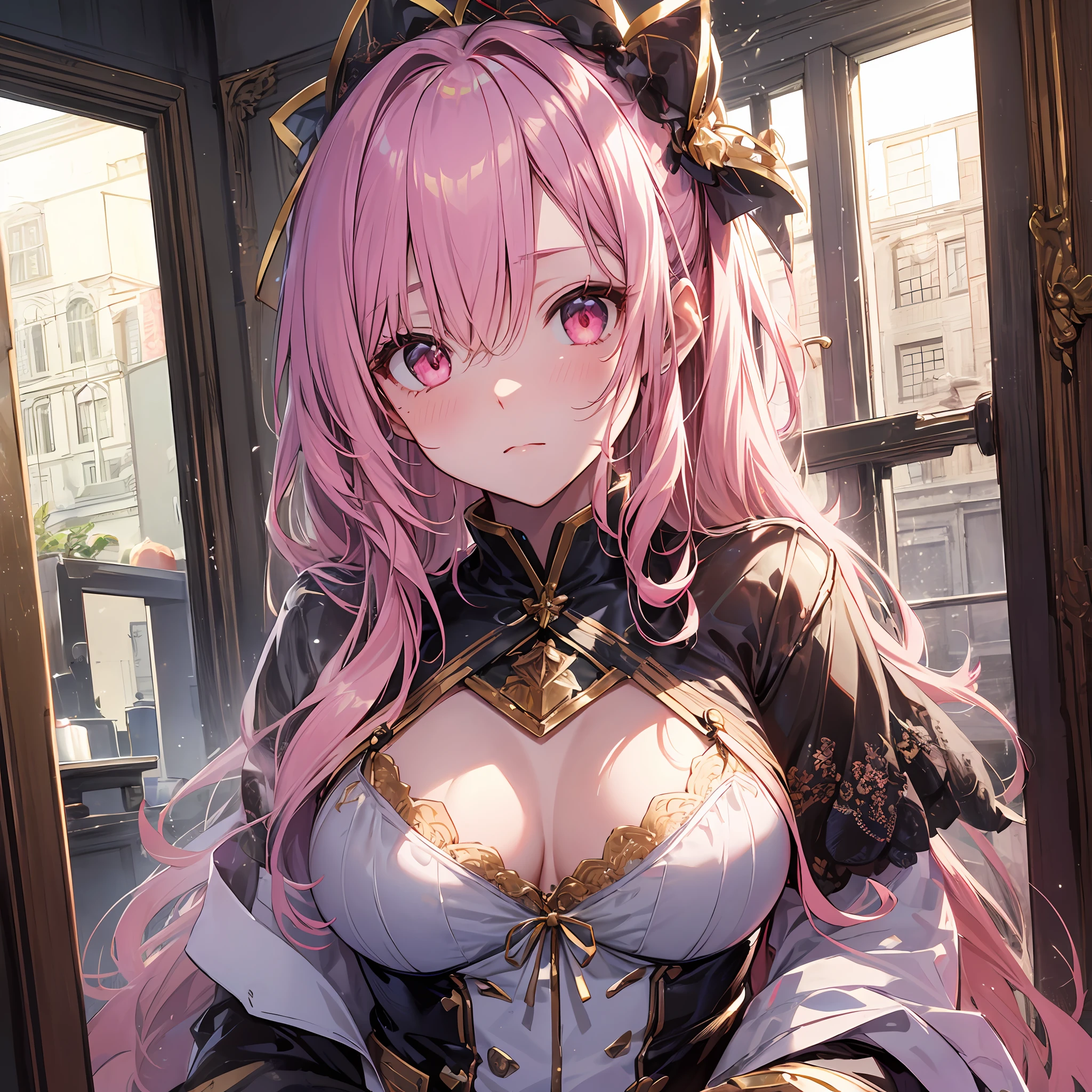 A masterpiece of literary text、best qulity、Asuna\(stars\)、1girls、armature、blushed、breastplate、Pink eyes、Pink hair、Luxury lingerie、Lambent Light、slong hair、Watch your audience、Golden Ribbon、ribbons、scabbard、ponytails　Hairy hair　Castle room　Room with atmosphere　small tits