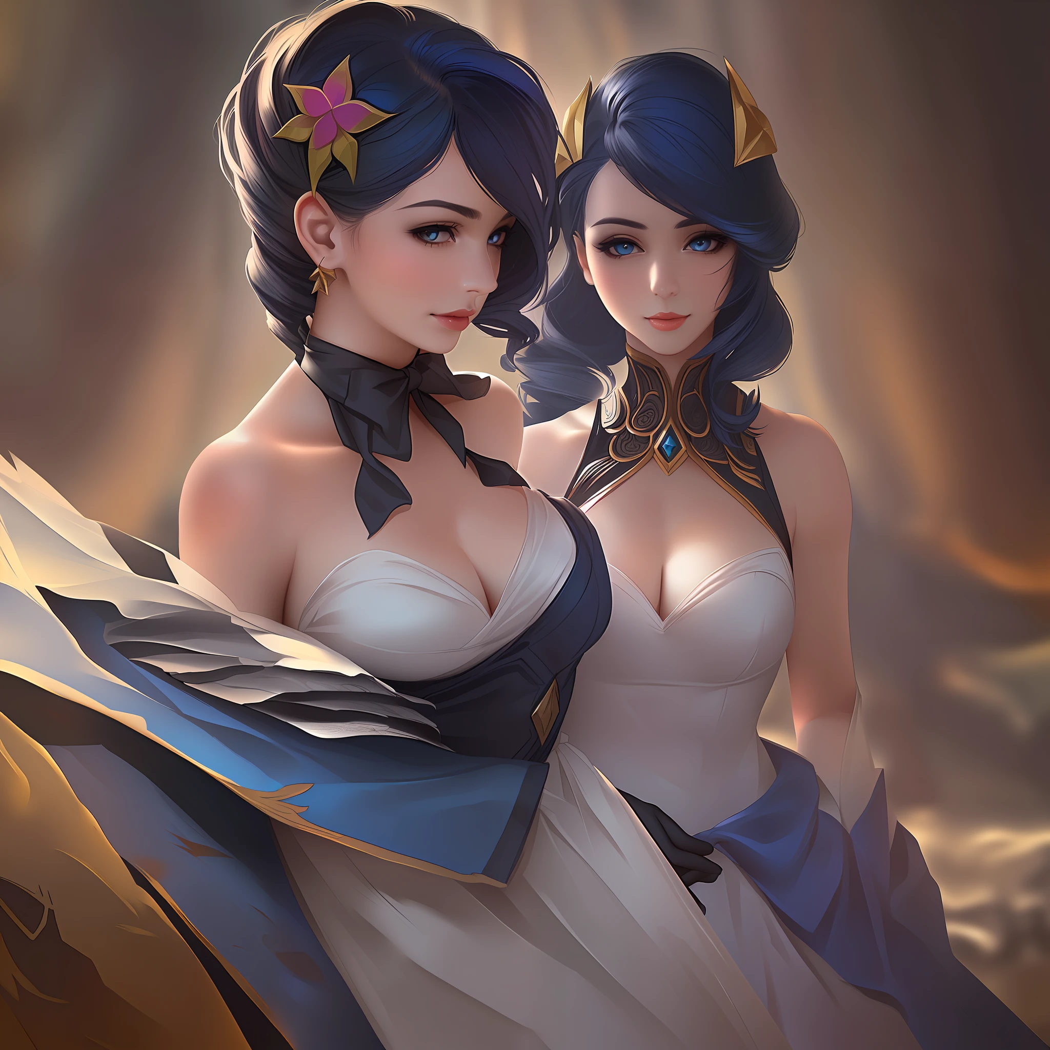 Best quality, masterpiece, ultra high res, (photorealistic:1.4), raw photo, 1girl, black bow, black gloves, black legwear, blue eyes, blue hair, bow, collarbone, dress, drill hair, frilled dress, frills, gloves, gwen \(league of legends\), hair ornament, highres, league of legends, long hair, parted lips, puffy sleeves, pink pupils, smile, solo, white dress, x, x hair ornament,left_eye_x, right_eye_+,(simple background),