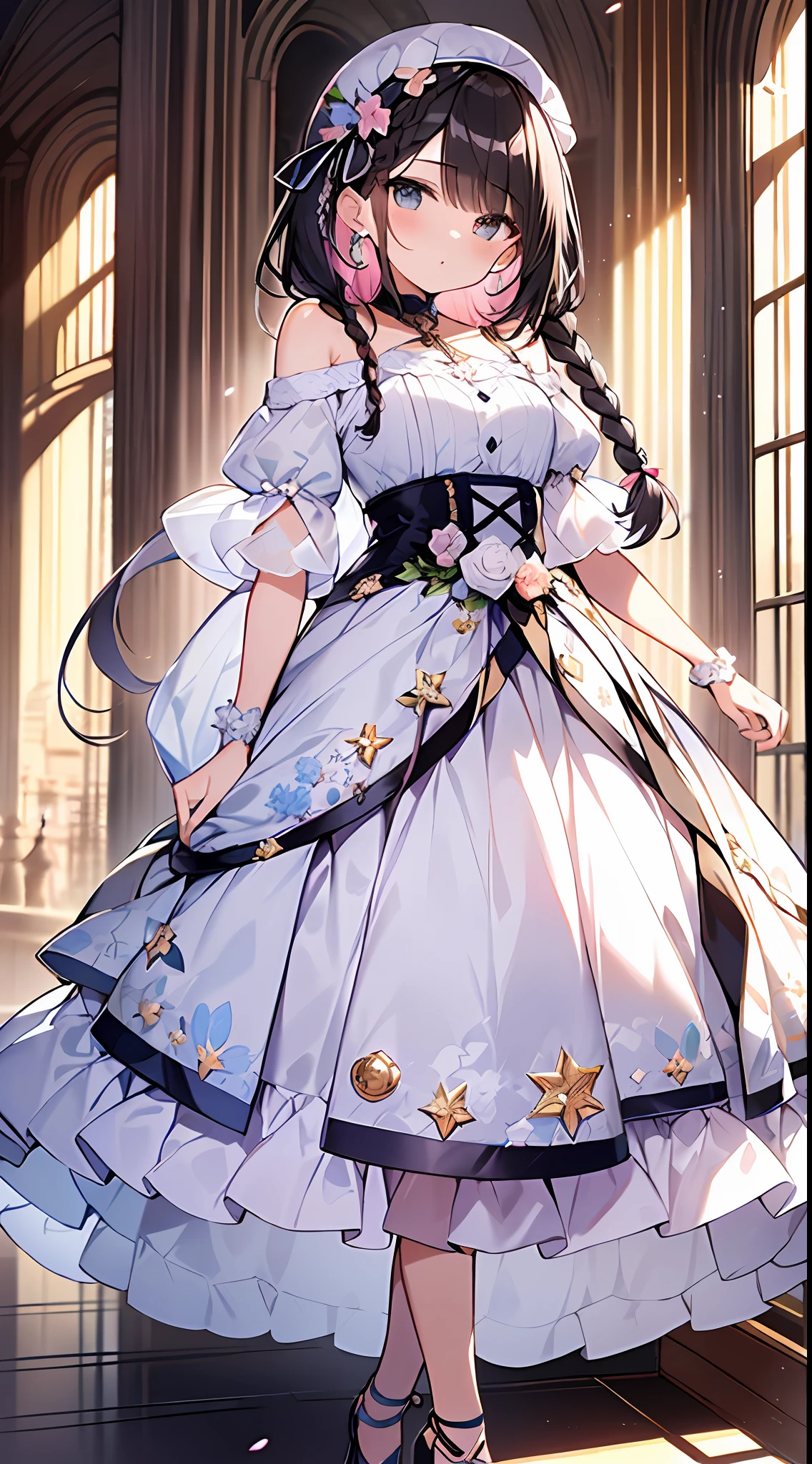 (incredibly absurdres absolutely resolution: 1.5), highest quality, masterpiece, ultra high resolution, 8k, (multiple girls), (gorgeous dresses with many gorgeous and colorful decorations) BREAK shoujo manga style, (li), soft line drawing, digital enhancement, shojo manga touch, environmental change scenes, shojo manga core, ( Hair length to the shoulders))), (((short braid))), ancient capital of the West, full body visible angle, entangle, beautiful and aesthetic: 1.5, High quality: 1.3