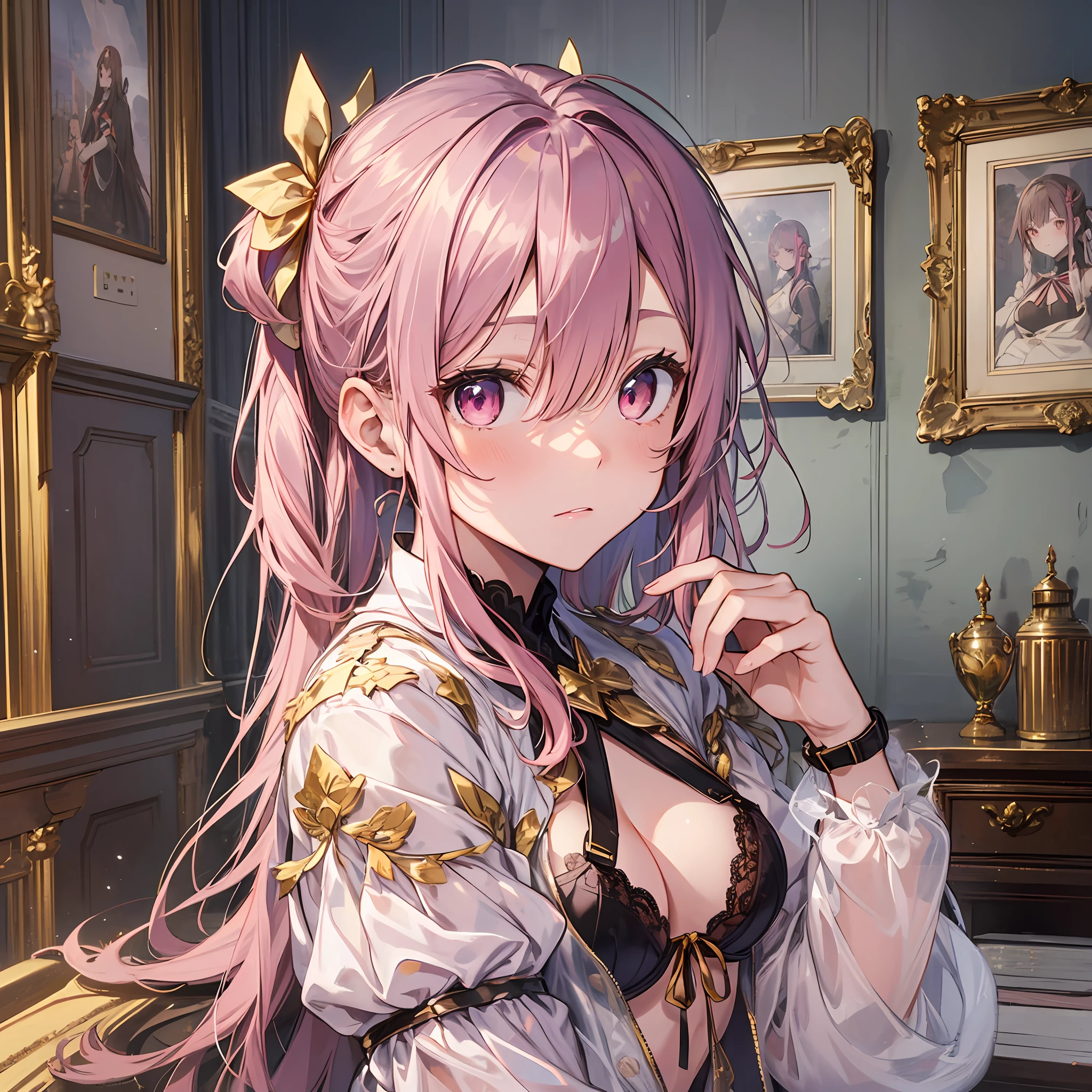 A masterpiece of literary text、best qulity、Asuna\(stars\)、1girls、armature、blushed、breastplate、Pink eyes、Pink hair、Luxury lingerie、Lambent Light、slong hair、Watch your audience、Golden Ribbon、ribbons、scabbard、ponytails Hairy hair Castle room Room with atmosphere small tits