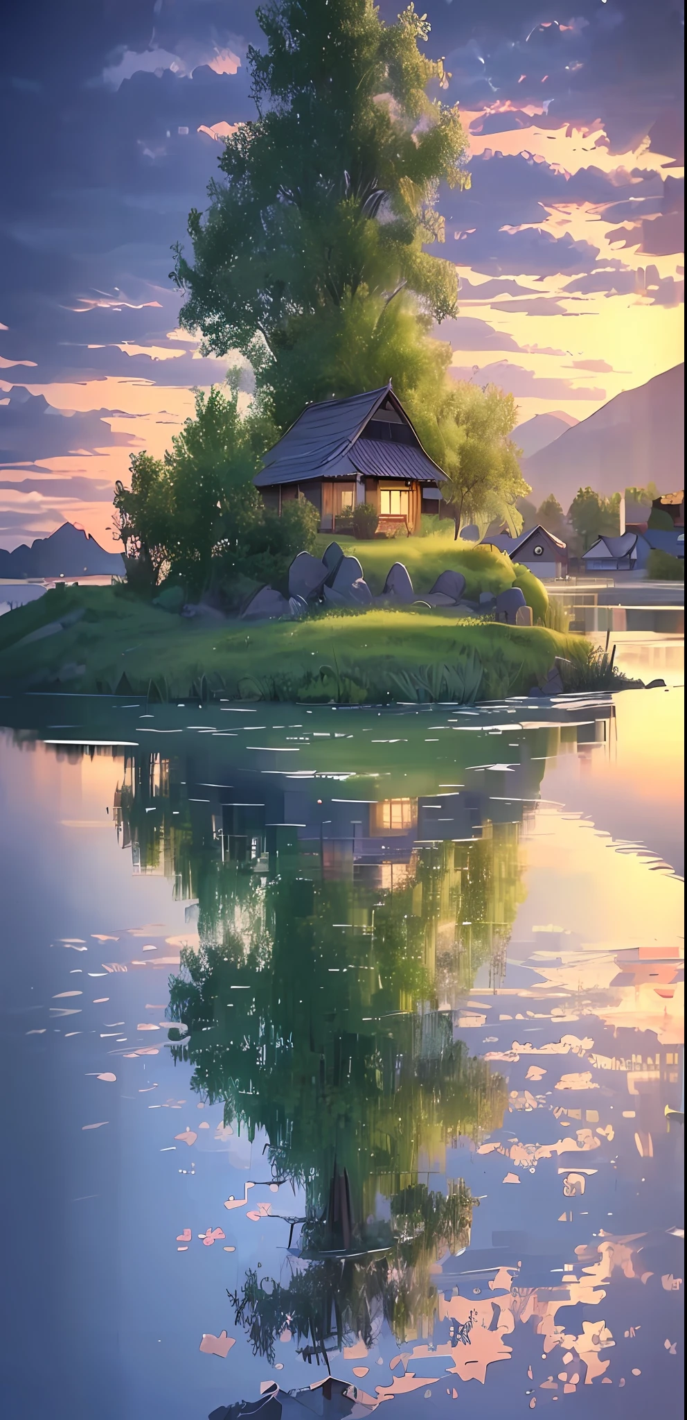 there is a small house on a small island in the middle of a lake, beautifully lit landscape, peaceful landscape, serene landscape, beautiful serene landscape, amazing landscape, in a serene landscape, an amazing landscape image, dreamy landscape, beautiful lake, beautiful landscape, stunning landscape, setting in nature, beautiful lake background, perfect landscape, stunning light reflections, beautiful dreamy landscape