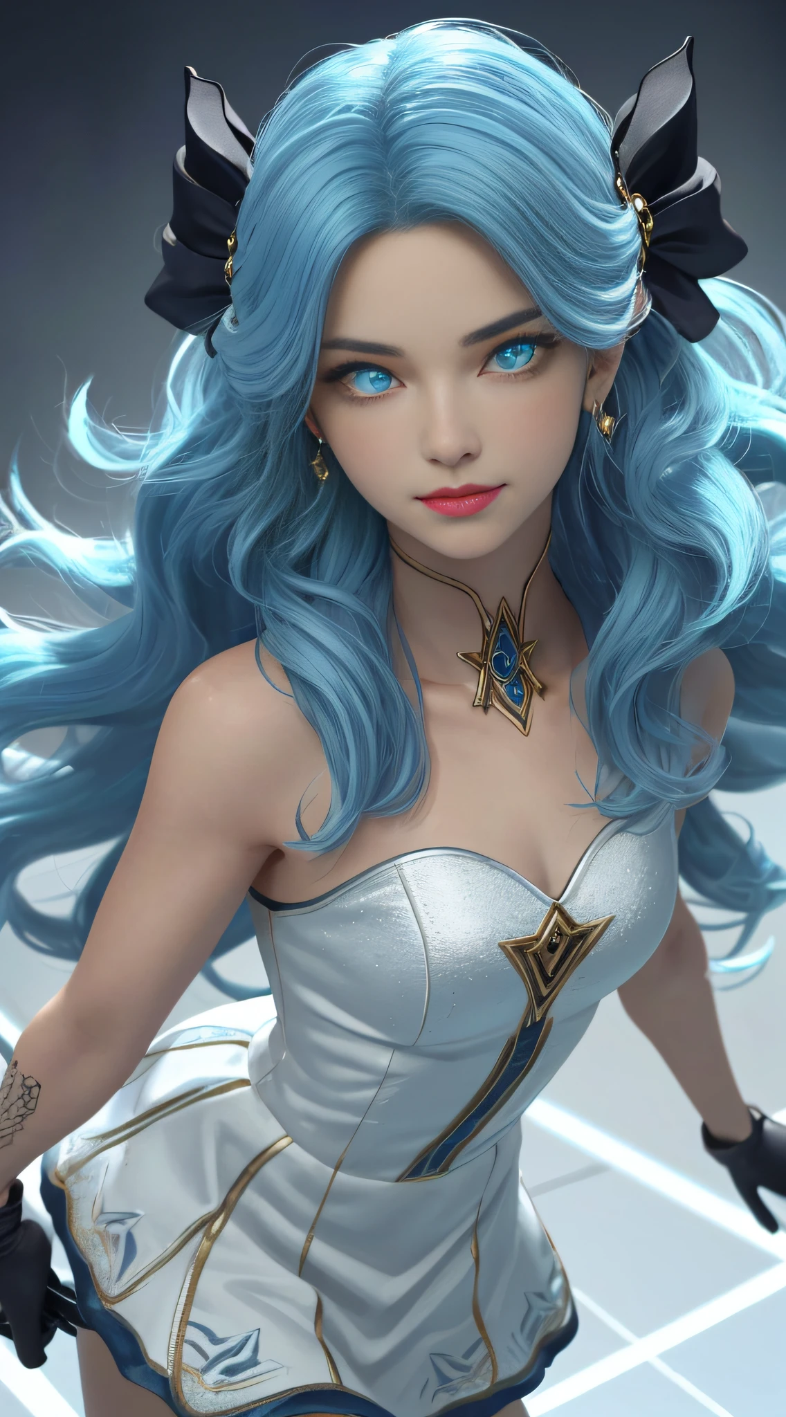 (medium head) render 3d, perfect face, Beautiful face, extremely detailed eyes, beautiful eyes, medium eyes, anime girl, sexy pose, solo, 1girl, short wavy hair, angry face, viewer look, smile, drill hair, gwen, blue hair, best quality, masterpiece, white dress, hair ornament, bow, crouch, gloves, black tights, legs, perfect lighting,slong hair, Face focus, close-up of the private parts, Lashes, shining eyes, Luminous eyes, Symbol-shaped eyes, lips, Detailed face, Symbol-shaped eyes, small details,