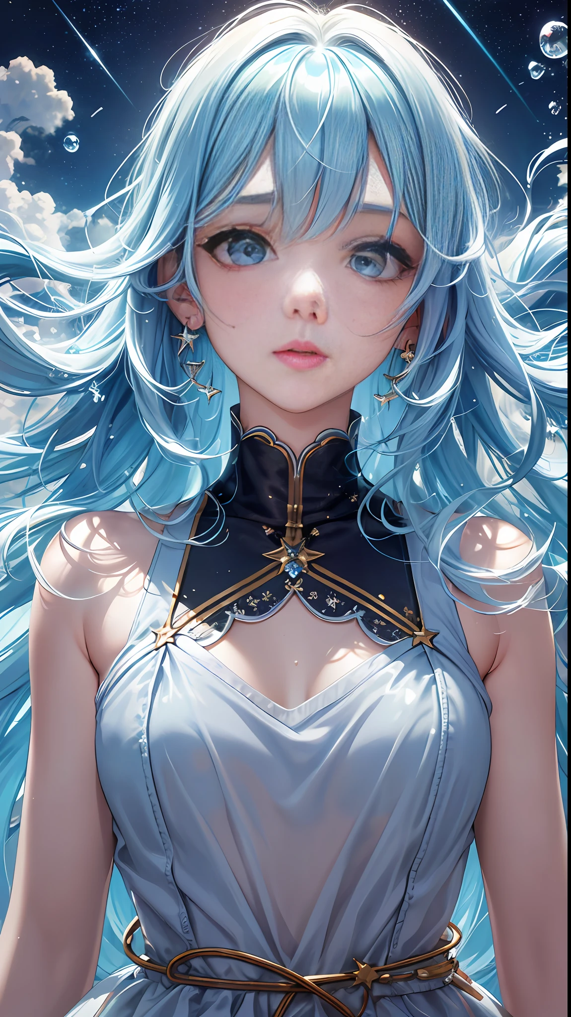 (medium head) render 3d, perfect face, Beautiful face, extremely detailed eyes, beautiful eyes, medium eyes, anime girl, sexy pose, solo, 1girl, short wavy hair, angry face, viewer look, smile, drill hair, gwen, blue hair, best quality, masterpiece, white dress, hair ornament, bow, crouch, gloves, black tights, legs, perfect lighting,slong hair, Face focus, close-up of the private parts, Lashes, shining eyes, Luminous eyes, Symbol-shaped eyes, lips, Detailed face, Symbol-shaped eyes, small details,