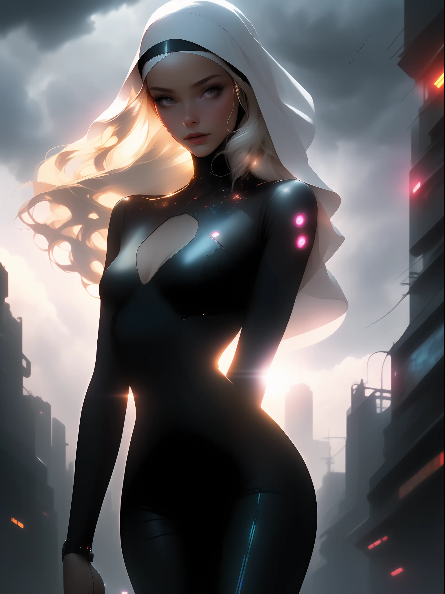 nvinkpunk, futuristic city street, [sci-fi], High Detail, photograph, portrait, wide angle, beautiful stunning gorgeous sexy young female  artificial intelligence android, (long long white hair:1.1), (Lady Death:1.1), pale white skin, (wind blown hair:1.1), The Fifth Element, Ghost in the Shell, wearing (sheer thin see-through skintight:1.2) (prostitute nun:1.2), small breasts, outdoors,, standing, sprawling (cyberpunk city skyline:1.1), petite physique, tattooed, detailed skin texture and pores, (freckles:0.8), embers light particles floating in the air, TRON, Bladerunner, (cleavage:1.1), (storm clouds:1.2), (goth makeup:0.8), glossy eyes, sunset, light leak, seductive, (glowing cybernetic implants:1.1), (cybernetic augmentations), (highly detailed, fine details, intricate), (lens flare:0.5), (bloom:0.5), backlit, smog, dust, (badlands:0.8), (observatory:0.7), raytracing, specular lighting, shallow depth of field, f/2, hard focus, smooth, cinematic film still, Cyberpunk, Bladerunner, moody lighting, cinematic, 8K,  bokeh