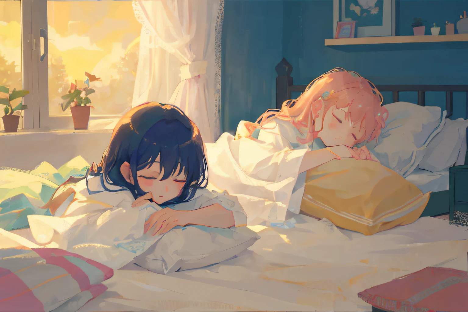 (2 girls)、(detailed faces)、lying on side、blanket、s asleep、night、kk、Close your eyes、stars、window、a bed、closeup