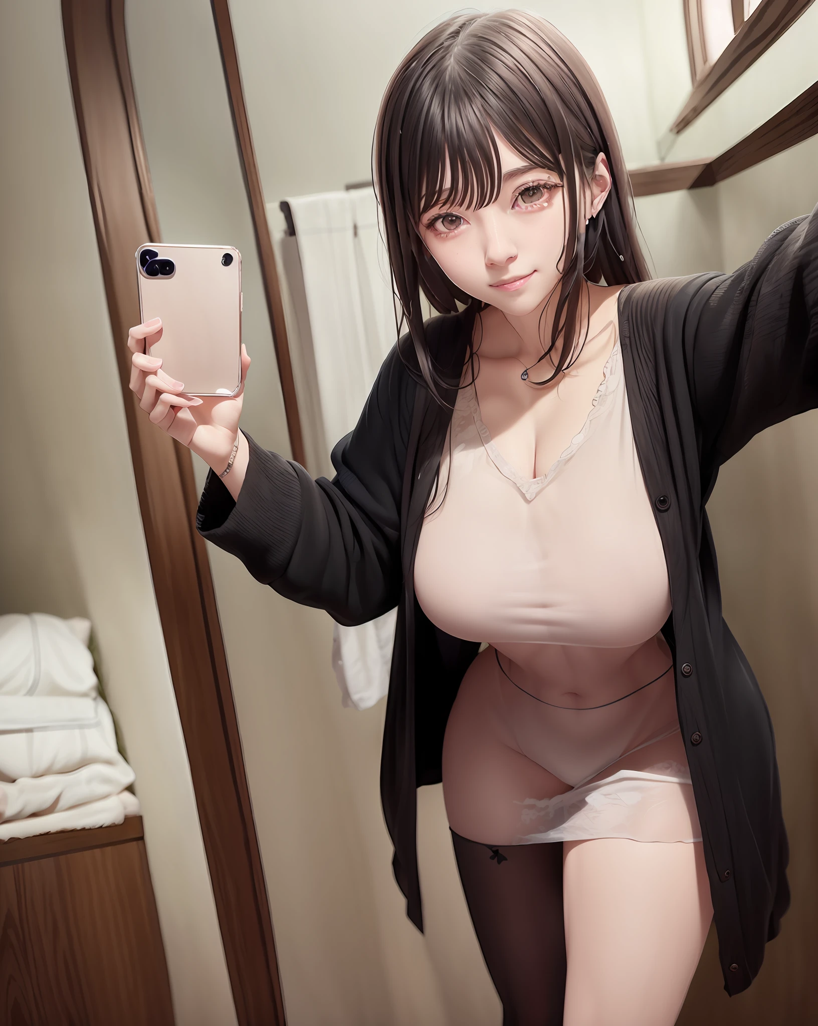 there is a woman taking a selfie in a bathroom mirror, anime girl in real life,  anime girls, attractive anime girl, photorealistic anime, photorealistic full body, realistic anime 3 d style, a hyperrealistic schoolgirl, Photorealistic perfect body, Realistic young gravure idol, a hyperrealistic schoolgirl, oppai, selfie shot straight on angle