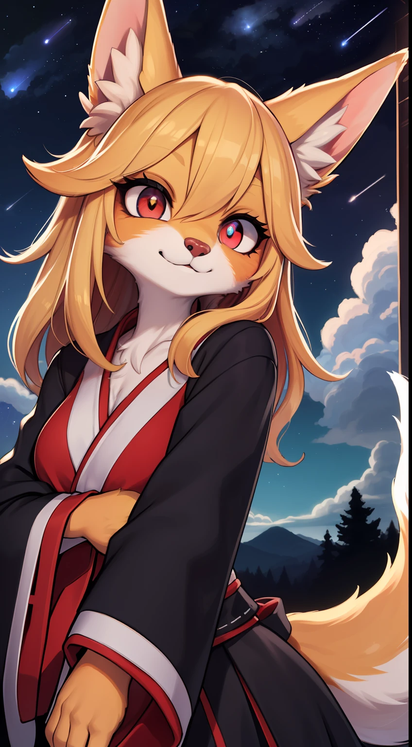 girl fox,hairy,furry,Golden fur,Golden yellow face fur,Long blonde hair,Eyes have light,Red eyes,Super cute face,Brown elements on fur,MIKO,Beautiful lights and shadows,Ambient light,Ultra-fine fur,Volumetric light,night,Clouds and stars in the sky,The sky outside is starry ,shooting stars,natural day light,smiled,Fluffy tail,color contact lenses , Bright pupils