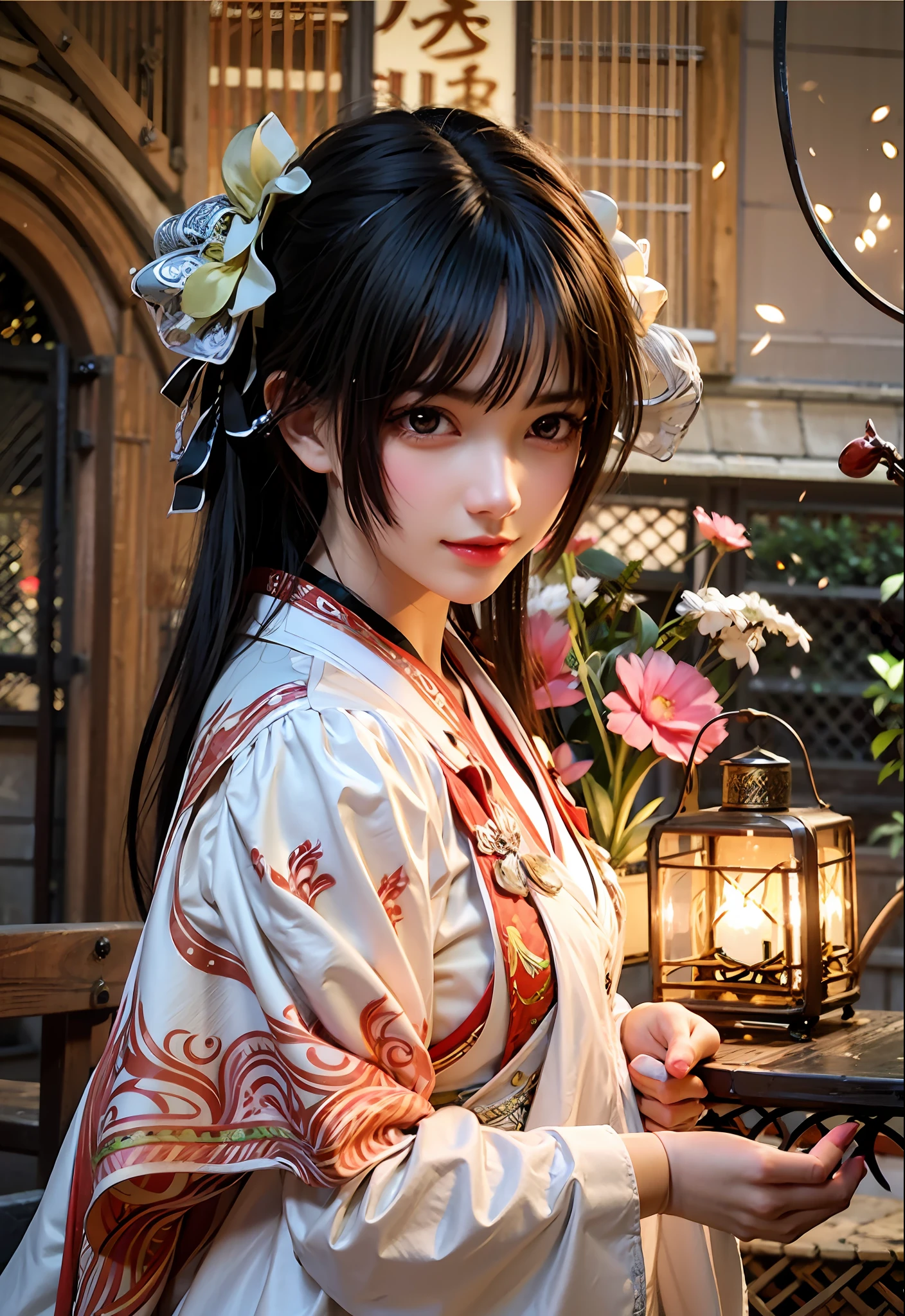 a close up of a woman holding a lantern near a bush, beautiful soft lighting, artwork in the style of guweiz, Guwiz, anime. Soft lighting, EtherealBeauty, realistic cute girl painting, royal palace , A girl in Hanfu, a beautiful anime portrait, Chinese girl, gorgeous soft lighting, girl under lantern, beautiful light big eyes, By Li Song