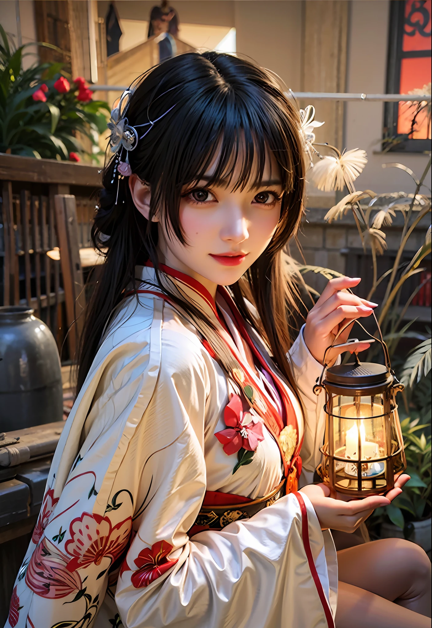 a close up of a woman holding a lantern near a bush, beautiful soft lighting, artwork in the style of guweiz, Guwiz, anime. Soft lighting, EtherealBeauty, realistic cute girl painting, royal palace , A girl in Hanfu, a beautiful anime portrait, Chinese girl, gorgeous soft lighting, girl under lantern, beautiful light big eyes, By Li Song