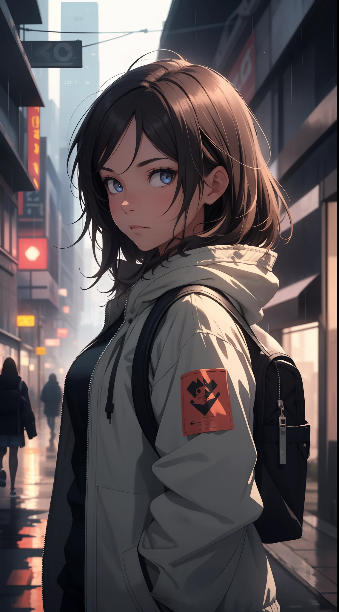 1girl, jacket, rain, outdoor, hoodie, open jacket, chain, backpack, looking at another, messy hair, trending on artstation, 8k resolution, highly detailed, anatomically correct, sharp image, digital painting, concept art, trending on pixiv, style of makoto shinkai,
