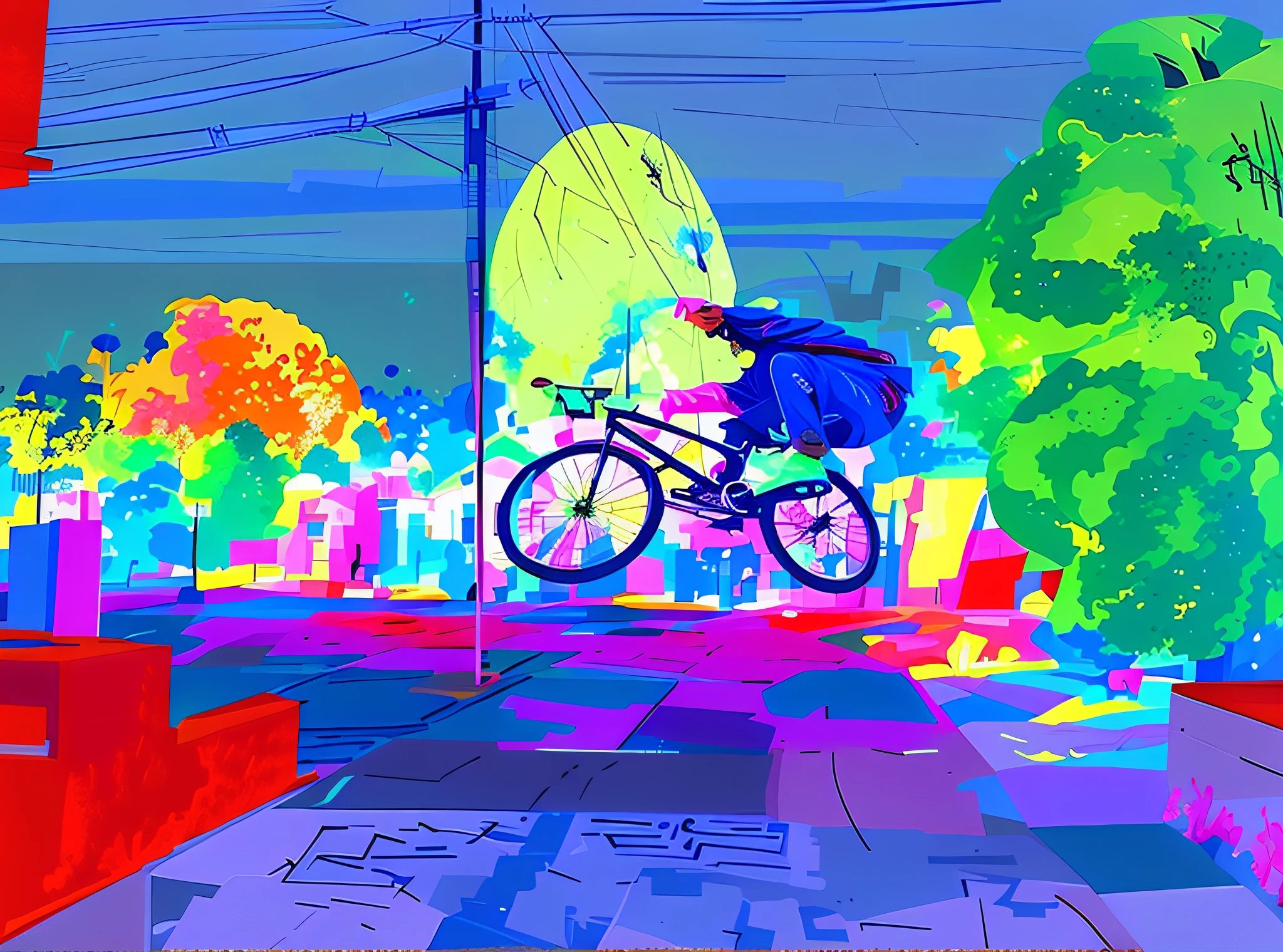 there is a man riding a bike on a street with a tree, jen bartel, low detailed. Digital painting, in style of digital illustration, in style of digital painting, painting illustration, highly detailed digital painting, cyril rolando and goro fujita, da pintura：Robot Jones, style digital painting, an expressive digital painting, posterized color