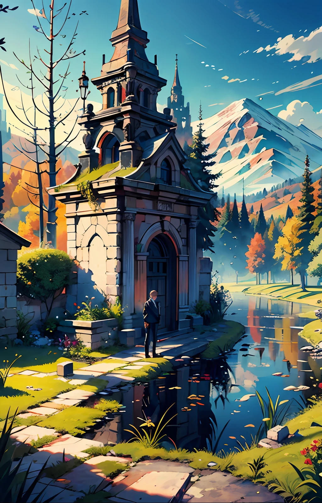 ((masterpiece)),((best quality)), 2 men boys wearing leather black suit and blue jeans, medium hair for boy and another boy have short hair,break,looking at (explorer map), looking back, searching for grave monuments, break,red eyes, for one boy, blue eyes for others eyes hair, ribbon, break, (((masterpiece )))statue, trees, willow trees, mountains, hills, forest, (((ancient monuments))) monuments, break evening time vermilion sky colour ((intricate details)) , (small details))
