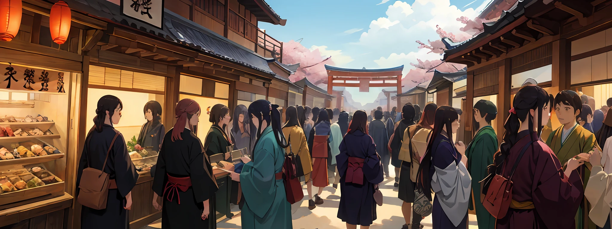 masterwork, Crowded bridges in the city of feudal Japan, busy, crowded, crowd, Sakura bloom, clear weather, Studio Ghibli Style, Very complex, Highly detailed, Photorealism style