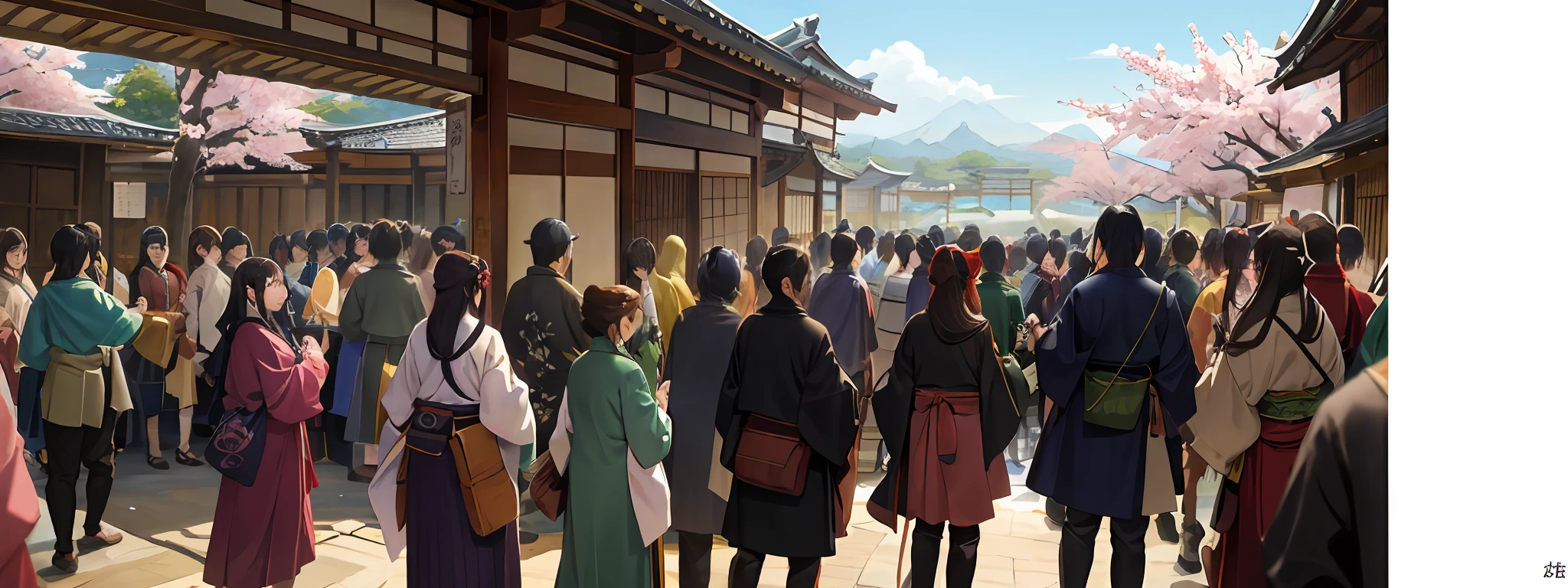 masterwork, Crowded bridges in the city of feudal Japan, busy, crowded, crowd, Sakura bloom, clear weather, Studio Ghibli Style, Very complex, Highly detailed, Photorealism style