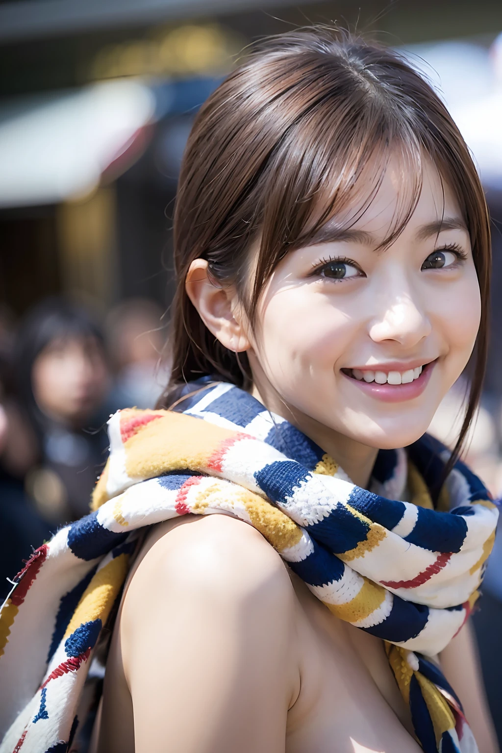 masterpiece, best quality, photorealistic ,portrait of girl, Japan person, smiling, naked with scarf only, in front of crowd