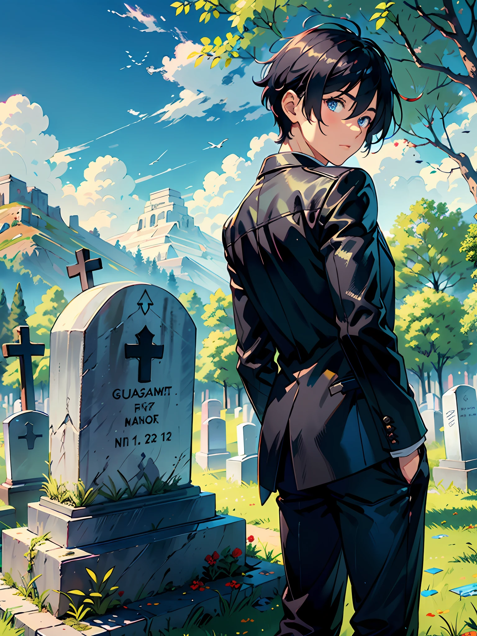 rcnz_niji style, ((masterpiece,best quality)), 2 teenager boys wearing leather black suit and blue jeans, medium hair for boy and another boy have short hair,break,looking at explorer map, looking back, searching for grave monuments, break,red eyes, for one boy, blue eyes for others eyes hair, ribbon, break, (((masterpiece )))statue, trees, willow trees, mountains, hills, forest, (((grave guardian))) monuments