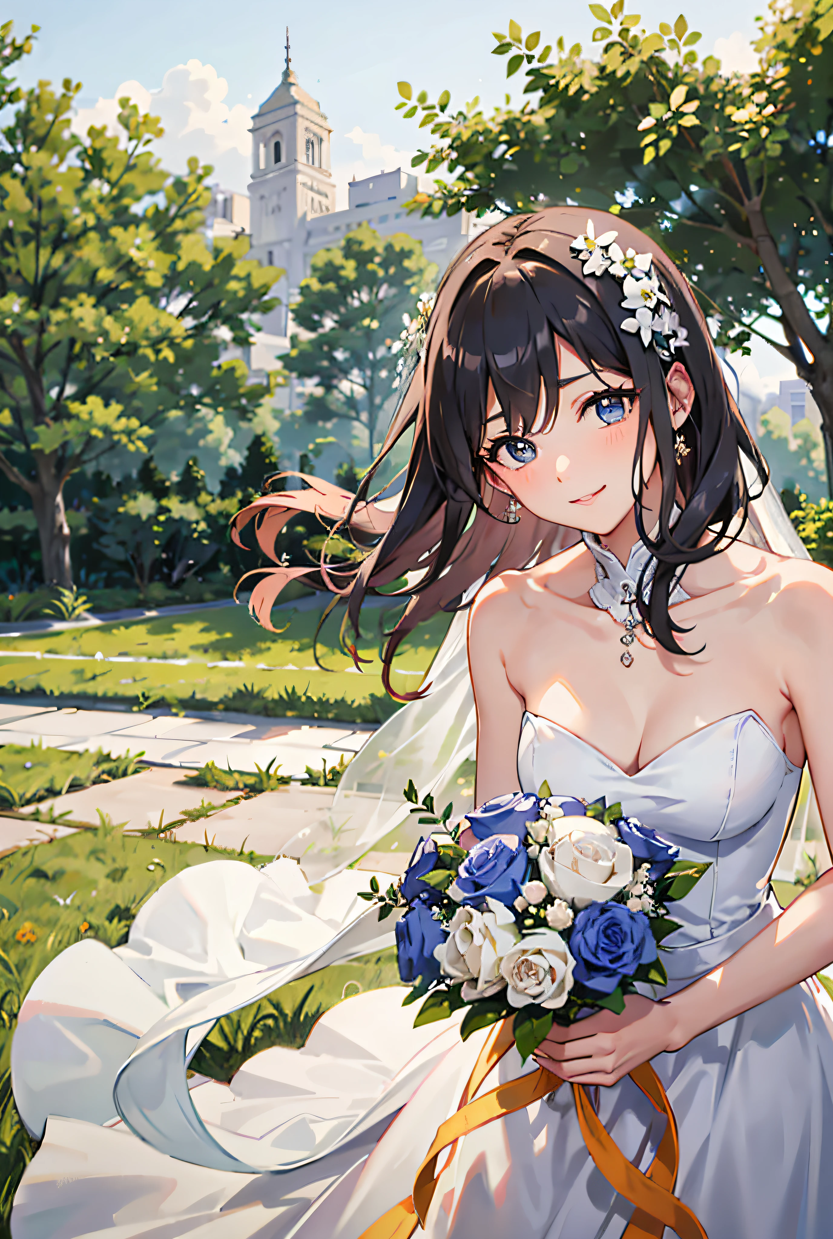 (master-piece,best qulity:1.4),(beautifull,Impeccable,delicated,detailded,Complex,aesthetics:1.2),ultra-details,Soft light,natural day light,Cinematic Light,filmgrain,(depthoffield),(1girls:1.4),Perfect female form,(Manifested face,Detailed eyes,Expressive eyes,eye liner,Glossy lips,Blushlush,Shy smile),Ultra HD face,(Medium breasts,cleavage),faired skin,(Black wedding dress:1.4),Detailed dress,(Bouquet of flowers),light particules,(cowboy lens),