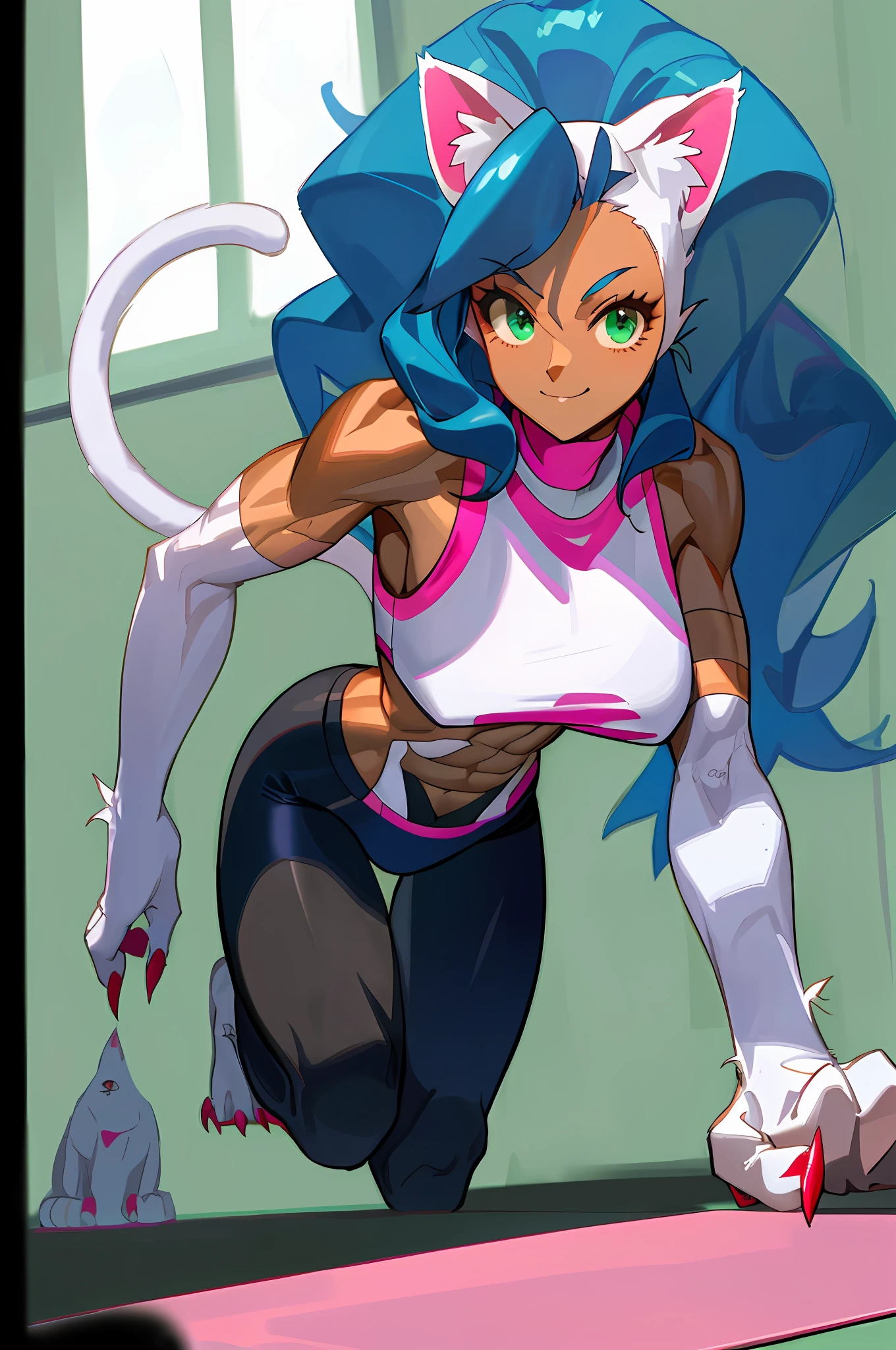 [1girl,animal hands], [Felicia_(darkstalkers)], ((solo portrait)), ((High definition)), ((anime)), ((raytracing)), ((detailed shading)), {felicia; (dark skin, cute green eyes, long messy blue hair, white cat ears, long white cat tail, large boobs, thicc), (white fur on body), (pink claws), (beautiful feet), (happy smile; long eyelashes), (athletic body; defined abs, defined leg muscles, defined arm muscles)}, {(black yoga pants), (pink sports bra), {(crawling), (all fours), (looking at viewer), (cat-like pose)}, [Background; (open room), (daytime), yoga mat), (window)], (well drawn)