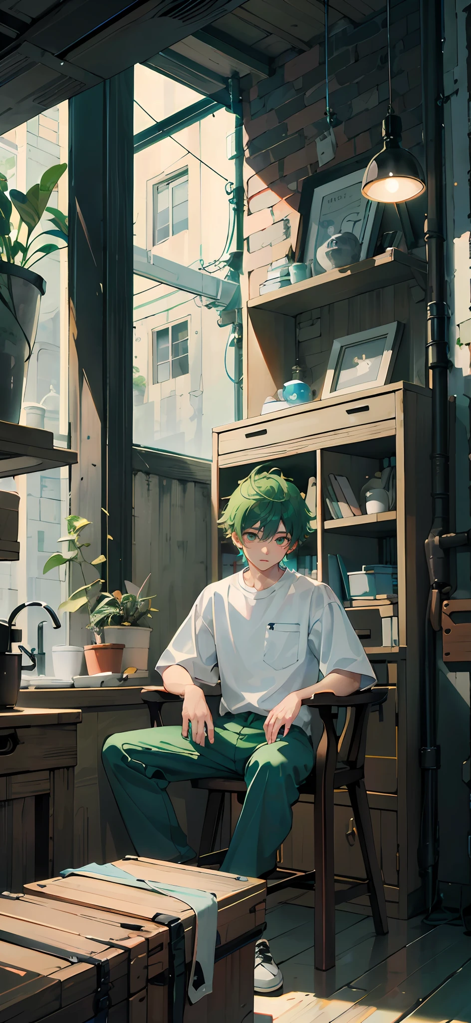 Master Masterpiece、maximum quality、8K、One Boy、Short green hair and big eyes、Cute face、16 years old、White shirt and gray pants、sit