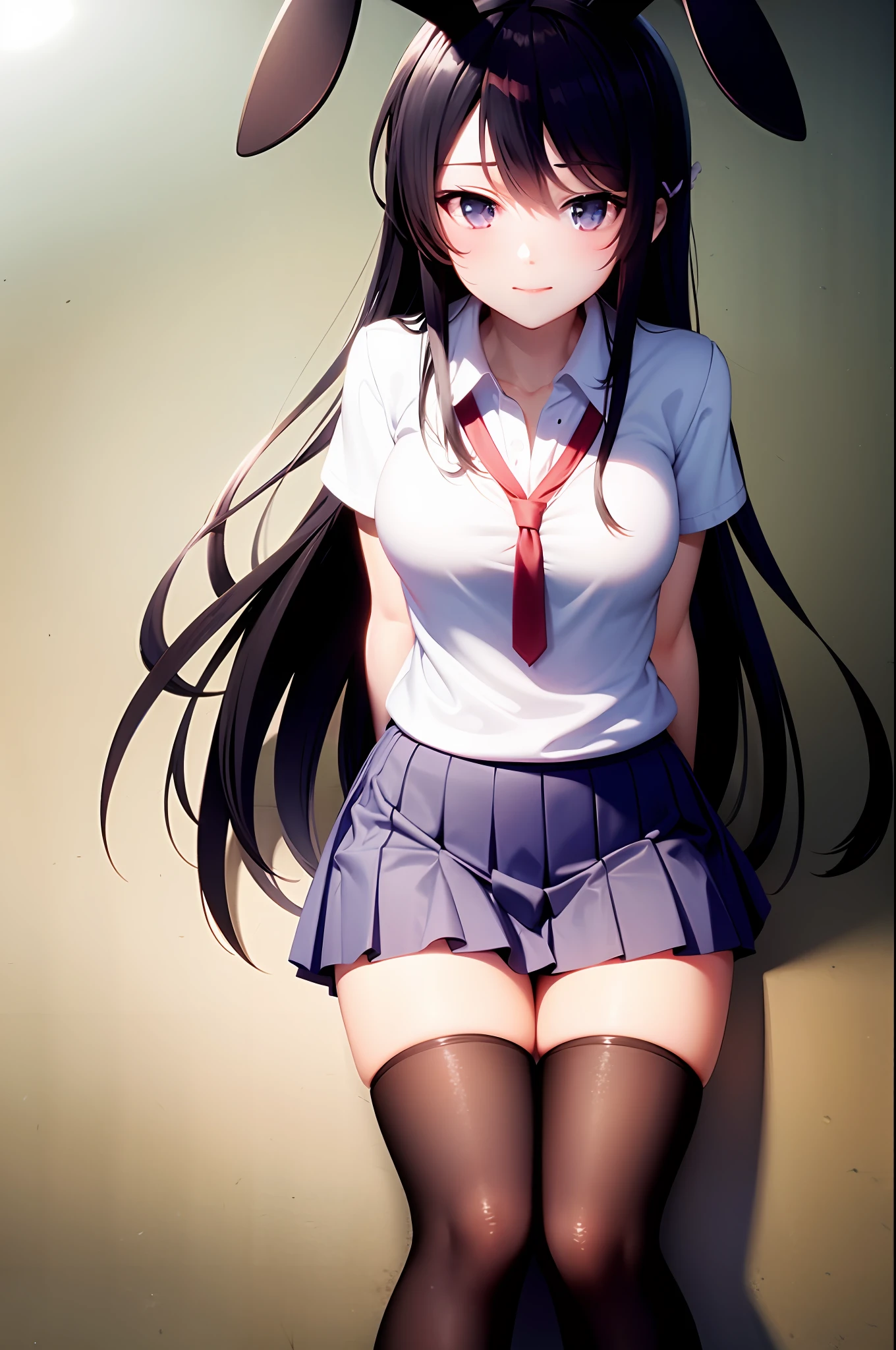 School uniform, white shirt, over-the-knee socks, pleated skirt, medium breasts, rabbit ears, mayijan, faint smile, mid_breats, best quality