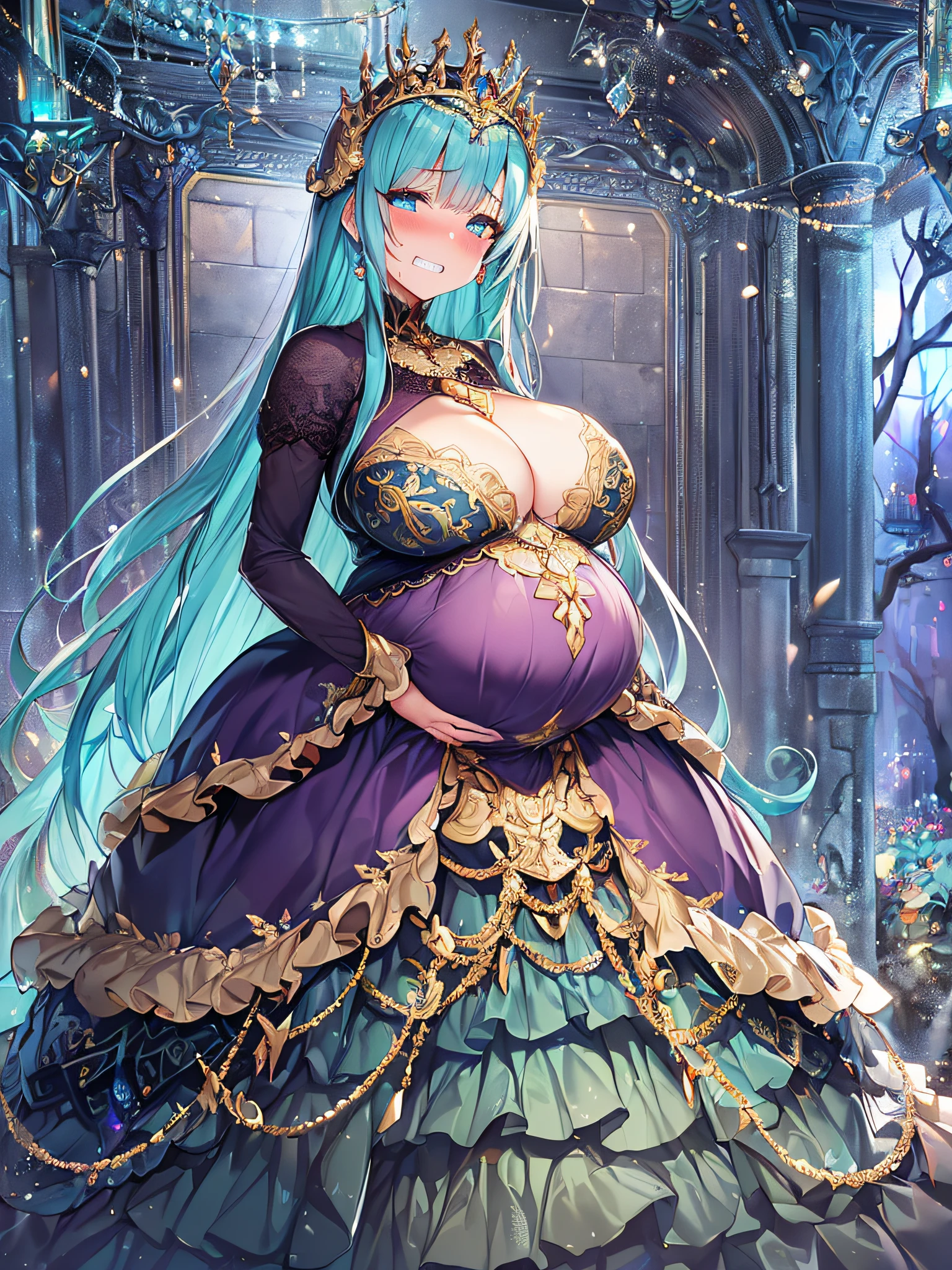 ((anime artstyle)),(Masterpiece),(Best Quality), (Super Detail),((Very Delicate and Beautiful)),Focus on character,Dynamic Angle,Looking at viewer,((Solo)),standing,(((full body))),(((one Wicked pregnant empress in gorgeous ball gown with voluminous skirt))),detailed face and eyes,((heavily pregnant)),((clenched teeth,blush)),embarrassed,jewel-like eyes,((Very Long voluminous Hair)),gorgeous embroidery and lace,See-through,ornate ruffles,luxury hair ornament,luxury and evil tiara with jewels,(gigantic breasts,Long breasts),full body,(((evil and dark atmosphere))),full body,heavily pregnant,((inside of prison))jeweled ball gown,(((gorgeous ball gown with voluminous skirt)))