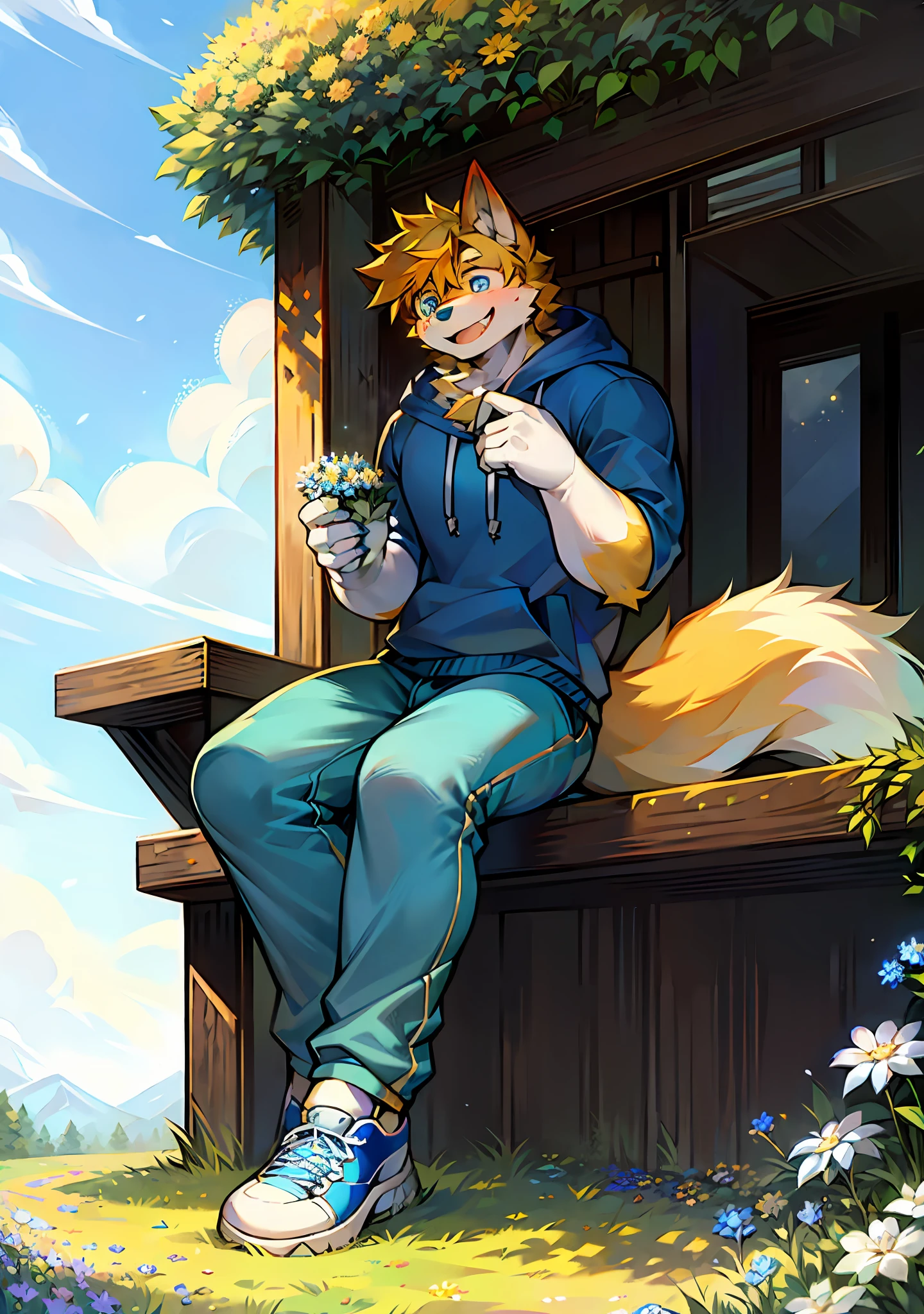 Hairy, clear-eyed, bright-eyed, cheerful, laughing, big boy, confident, serious, calm, close, curious, kind, upright, wolf, blue pupils, male, male, teen, mature, strong, strong, muscular, easy-going, alone, single, humanoid, light yellow hair, golden-orange hair texture, beautiful fluffy tail, modern clothing, blue sweatshirt, white lining, beige loose pants, blue and white sneakers, sitting, sitting cross-legged, holding a few bouquets of wildflowers, body straight, looking at the camera, Look to the center of the picture, turn your head, hold your knees, relax, nature, sunshine, sunny day, sit on the ground, sit on the ground, sit on the ground, particles, light effects, green grass, hillside, breeze, sky, sun, white clouds, next to the road, 8k.