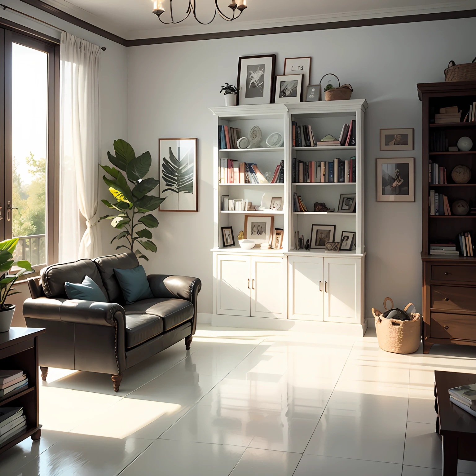 One wall of modern living room,Modern décor,White walls,Bright living room,sunbeams,white tile floors,white tile floors,white tile floors,white tile floors,white tile floors,white tile floors,white tile floors,During the Day,There are decorations on the walls,book shelf,book shelf,book shelf,book shelf,book shelf,book shelf,decorations,Decorative paintings, --auto