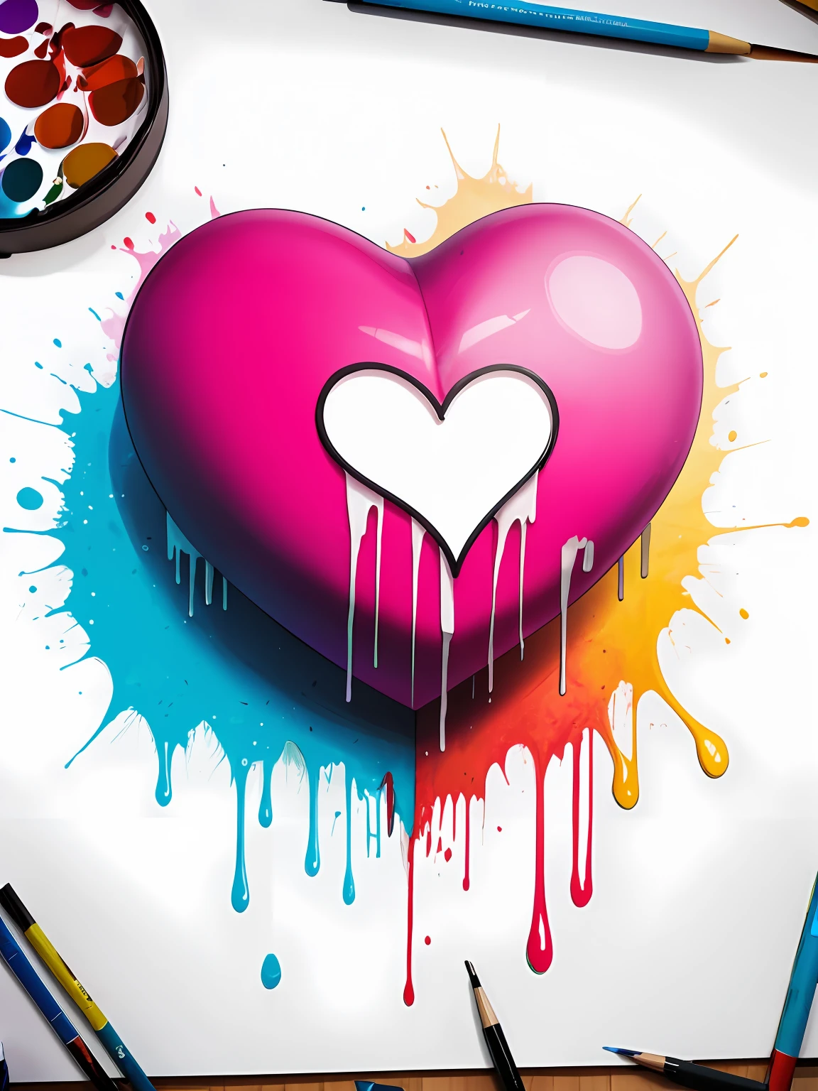 a conceptual drawing, half face half heart, paint dripping, masterpiece, Something