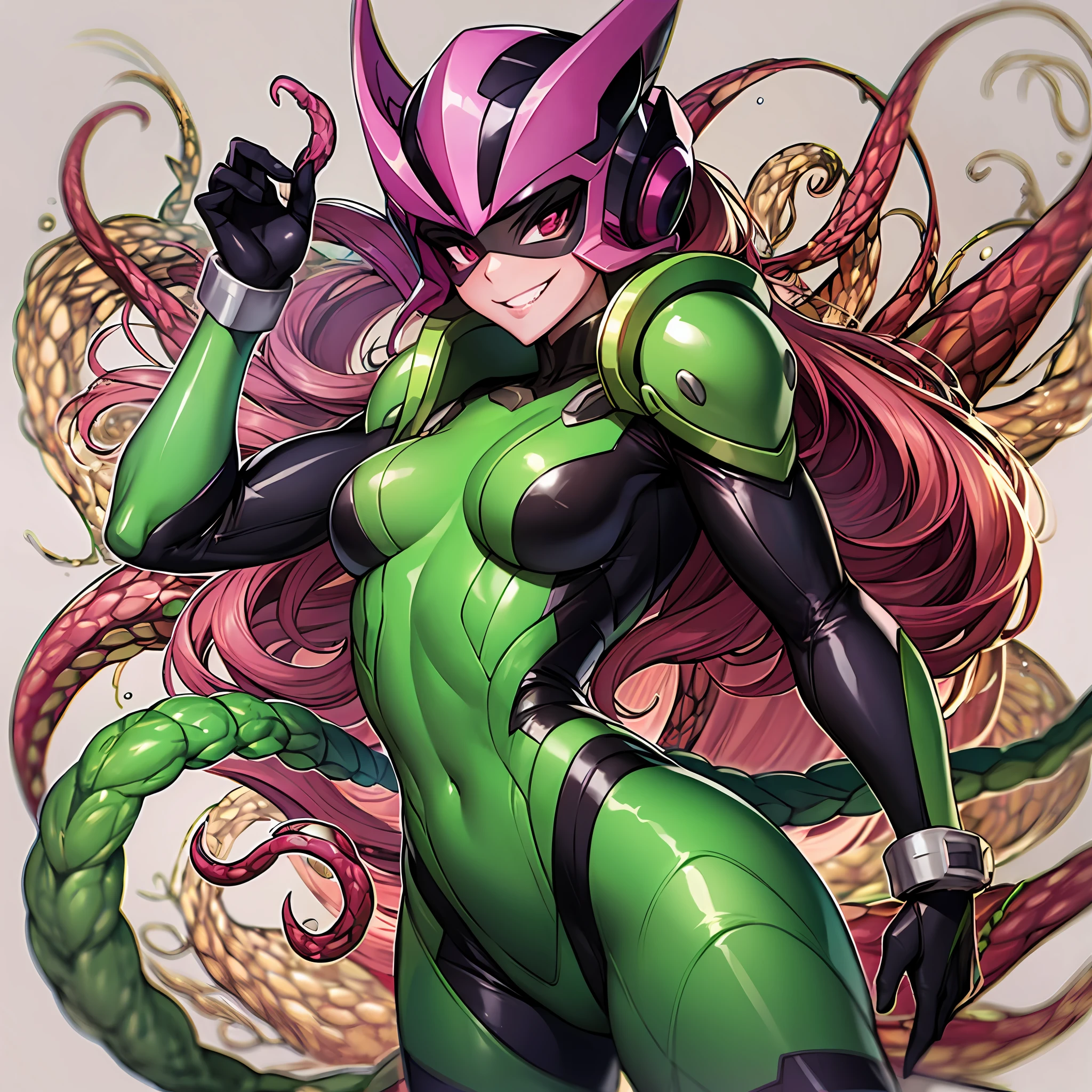 Woman wearing hot water dripping tentacles、Guyver Style、wicked smile、Tentacles、Scarabeleploid、Cel Shade Adult Animation、Metroid Suit、long-hair