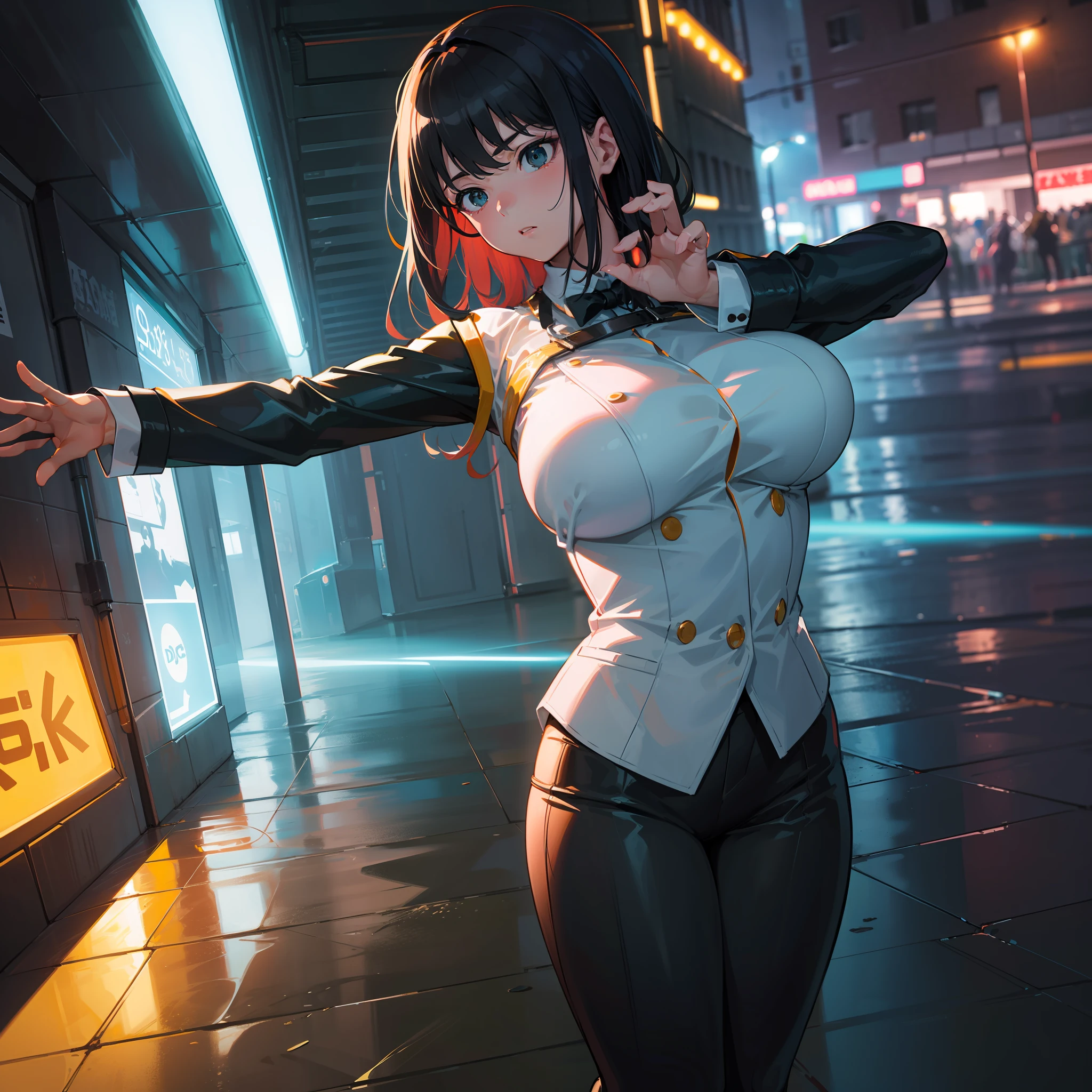 (8k、RAW Photography、best qualiy、masterwork:1.2)、Ultra-detail、Formal art、photo realism:1.37、DC Aquaman、Film Grain、action pose、Super huge breasted neon tetra girl dancing under neon lights、