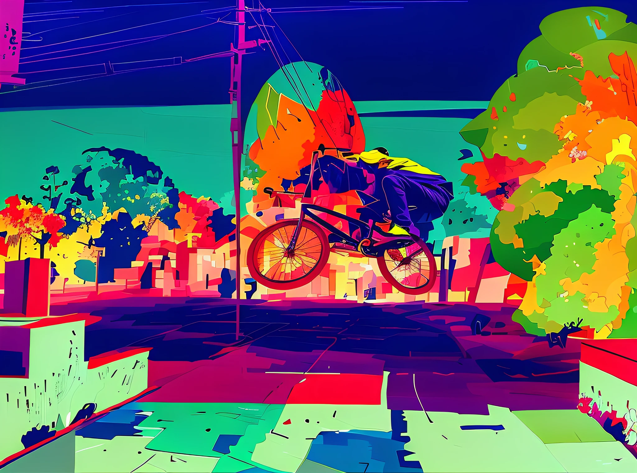 there is a man riding a bike on a street with a tree, jen bartel, low detailed. Digital painting, in style of digital illustration, in style of digital painting, painting illustration, highly detailed digital painting, cyril rolando and goro fujita, da pintura:Robot Jones, style digital painting, an expressive digital painting, posterized color
