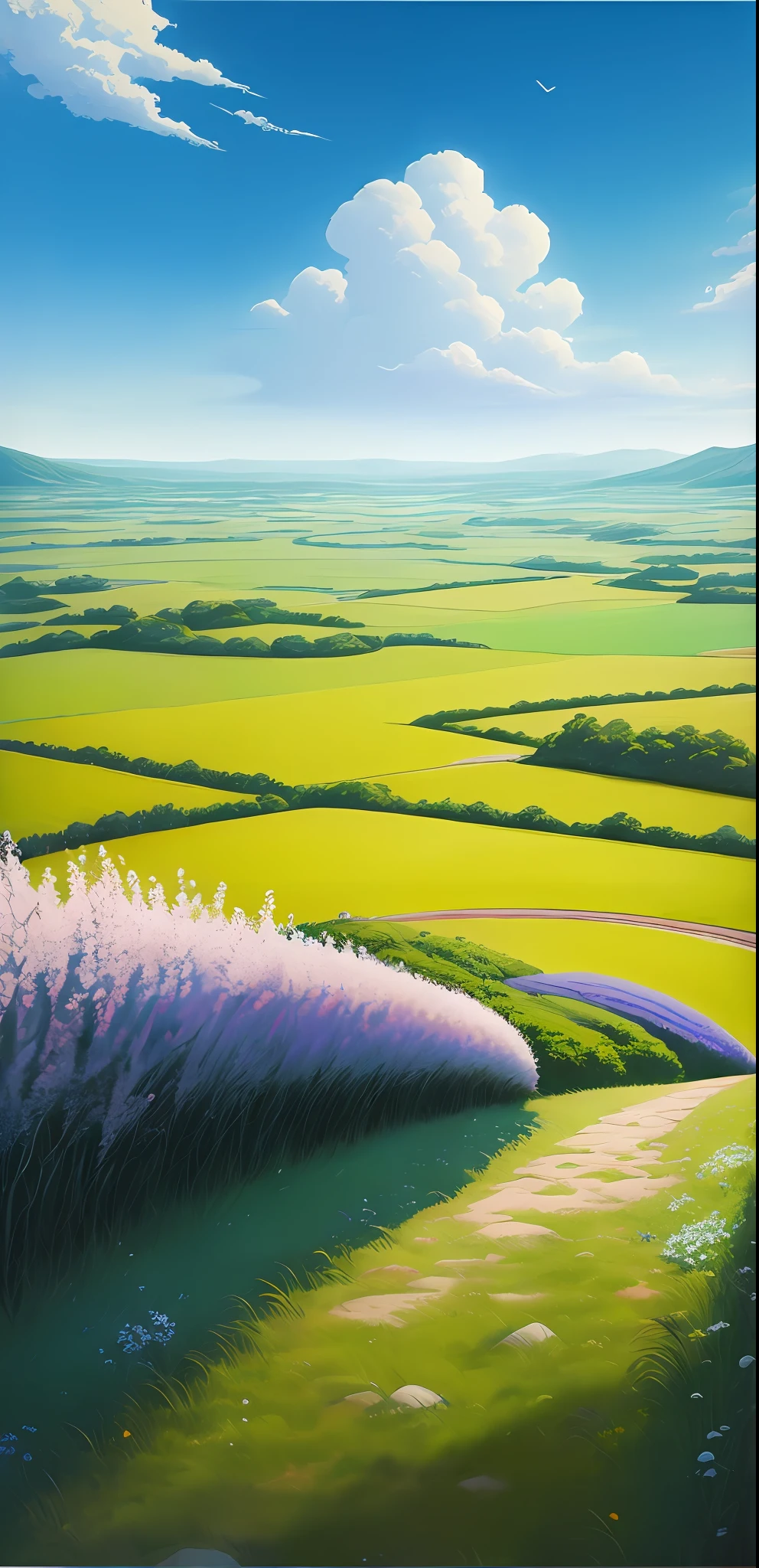 Realistic, authentic, beautiful and amazing landscape oil painting Studio Ghibli Hayao Miyazaki's petal grassland with blue sky and white clouds --v6