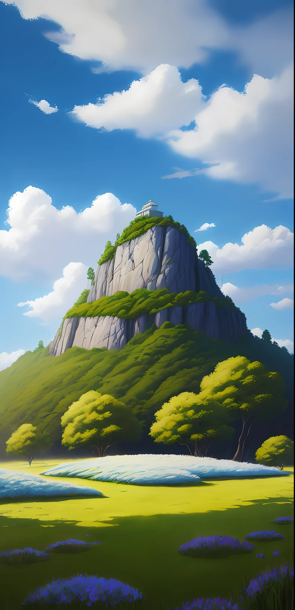 Realistic, authentic, beautiful and amazing landscape oil painting Studio Ghibli Hayao Miyazaki's petal grassland with blue sky and white clouds --v6