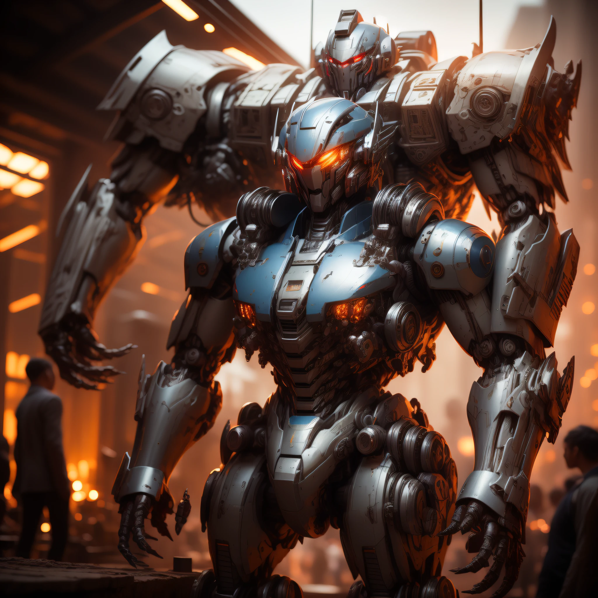 (Cinematic masterpiece, detailed blockbuster feel)There are beautiful women in the picture, and in the picture, there is a very large mechanical armor robot standing in the back, there is a very large mechanical battle suit standing in the back,fusion of Pacific Rim robot style and Gundam series robot style,fine structure, super high quality, perfect lighting, shadows, realistic proportions, metallic texture, best quality, art, masterpiece, illustration, color grading, emphasis on one-eighth rendering, trendding on artstation, 8K, detailed, super detail, anime, high detail, art station, art, sacred, movie, edge lighting, soft focus, light and dark contrast, best quality, movie lighting, super high definition, 3D rendering, game original art anime character concept design, 8K ,an overlord character who looks like she has bright blue eyes, in the style of futuristic spacecraft design, krenz cushart, dark silver and light silver, puzzle-like pieces, minolta srt-101, uhd image, impressive panoramas,Realistic, ultra-high resolution