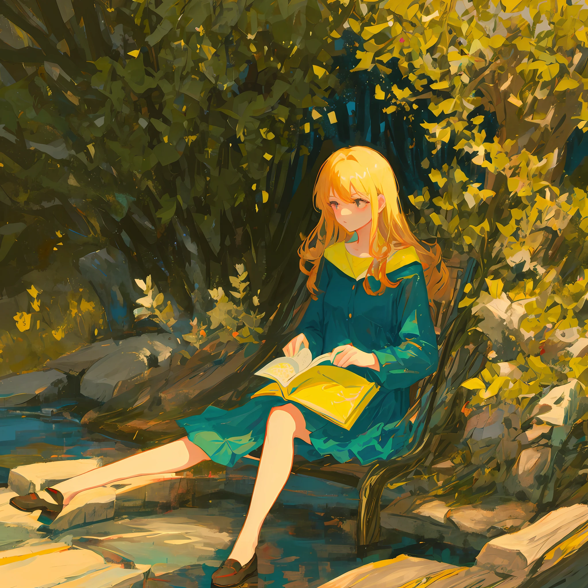 Under dusk,A beautiful girl sits under a tree,Reading