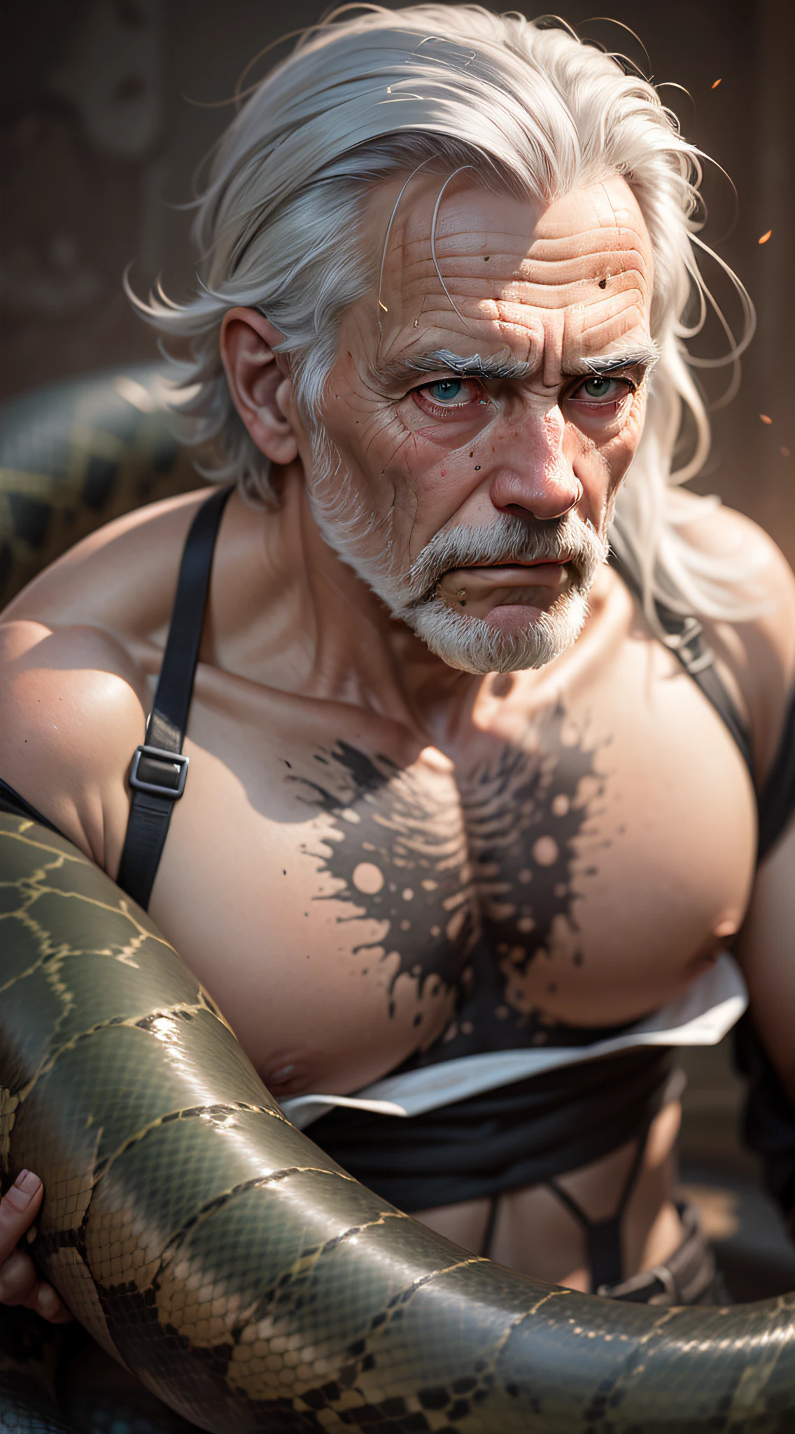 Photorealistic photography,Dirty,Old man,Gray hair,focus on eyes,The python winds around a few times,The snake scales are clear,50 mm f/1.4,HDR masterpiece,Dramatic lighting,Epic,Hair in the wind